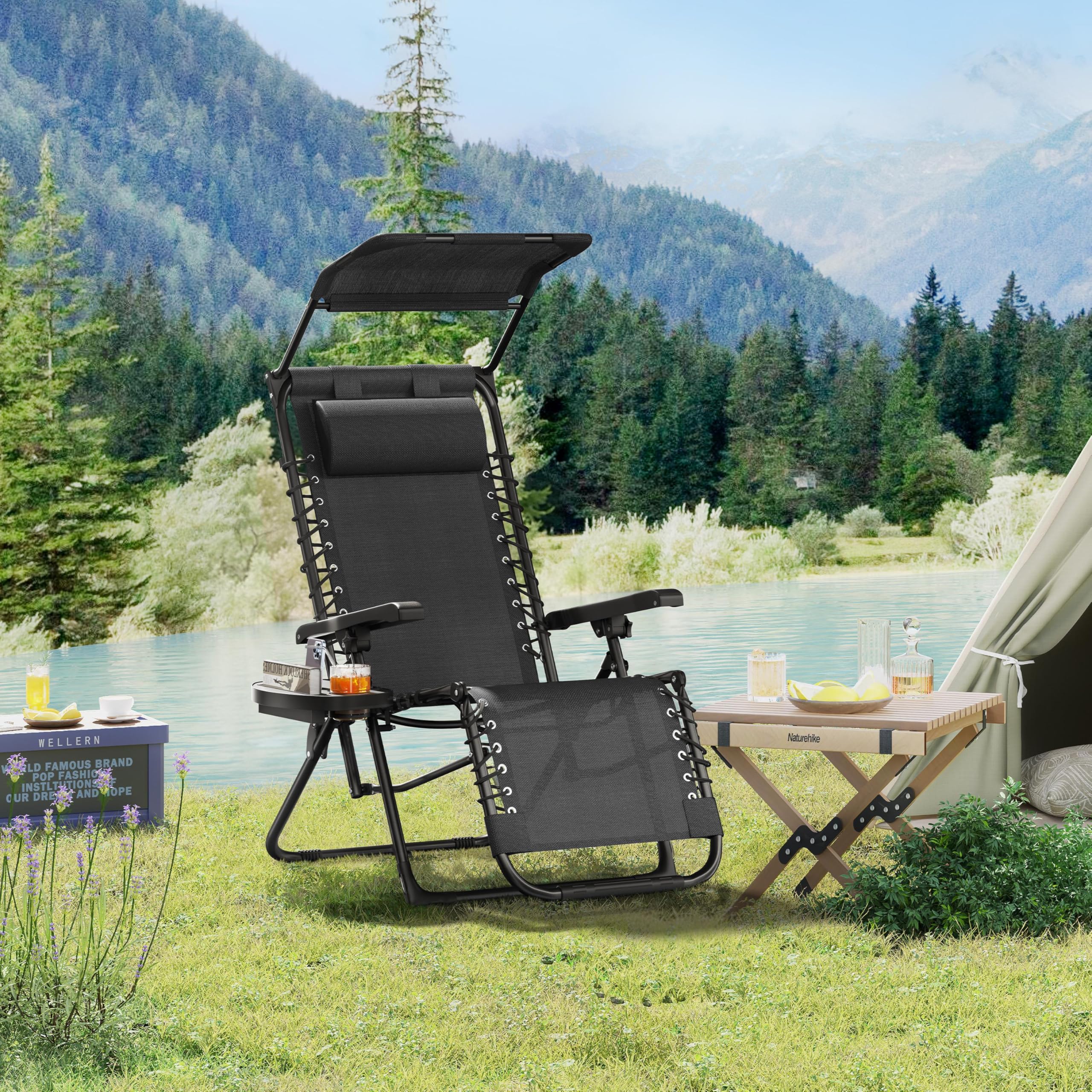 Yaheetech Tumbonas Jardin Exterior, Tumbonas Plegables con Reposacabezas y Parasol, Soportado 115 kg, para Piscina, Jardín, Tumbona Piscina Resistente a Intemperie, Negro