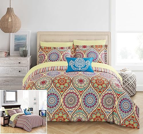 Chic Home Juego de edredón de 6 piezas Chennai reversible inspirado en boho y técnica contemporánea de rayas en una bolsa, tamaño individual, color