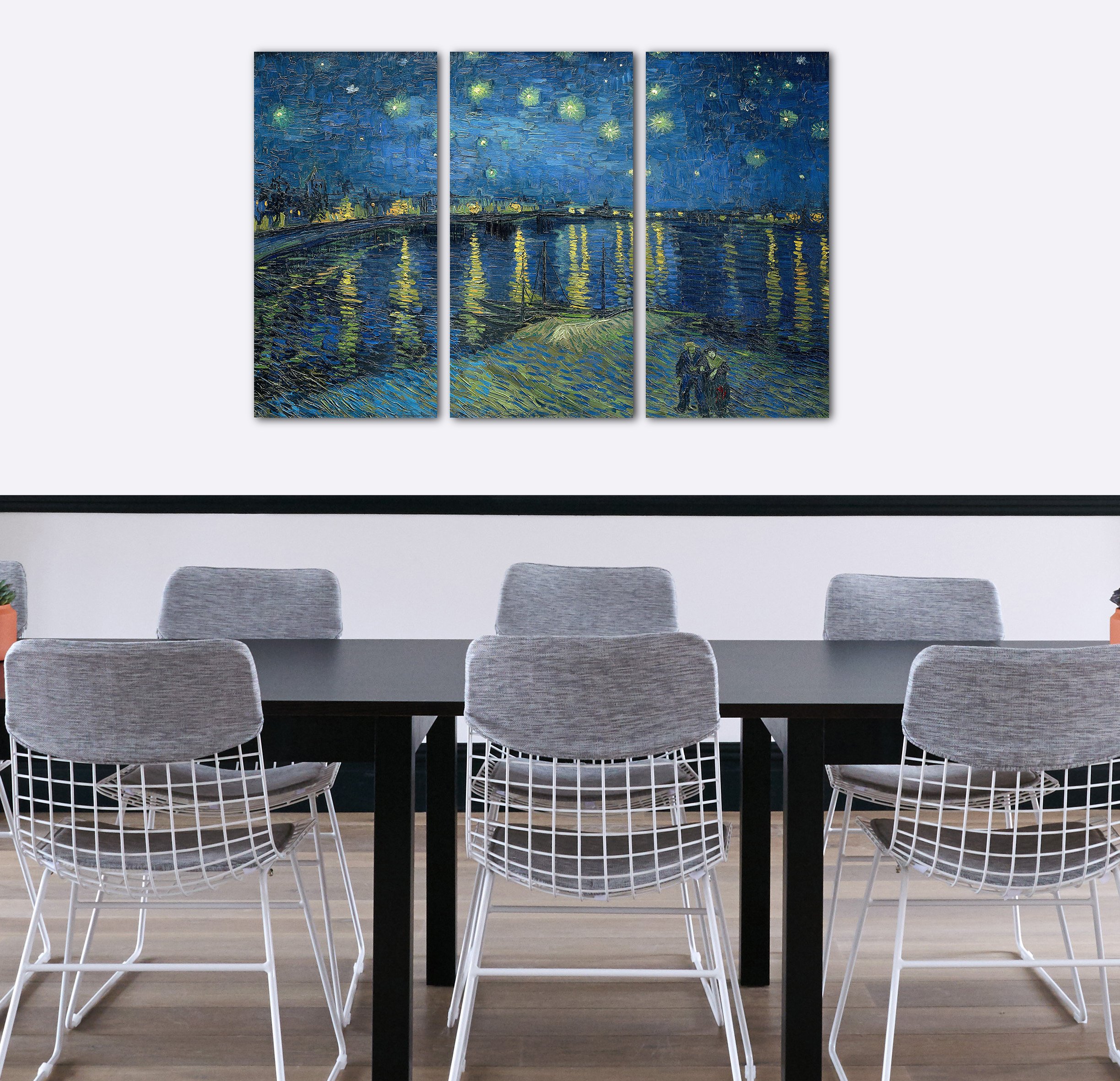 Printed Paintings Leinwand 3-teilig(120x80cm): Vincent van Gogh - Sternennacht über die Rhône (18