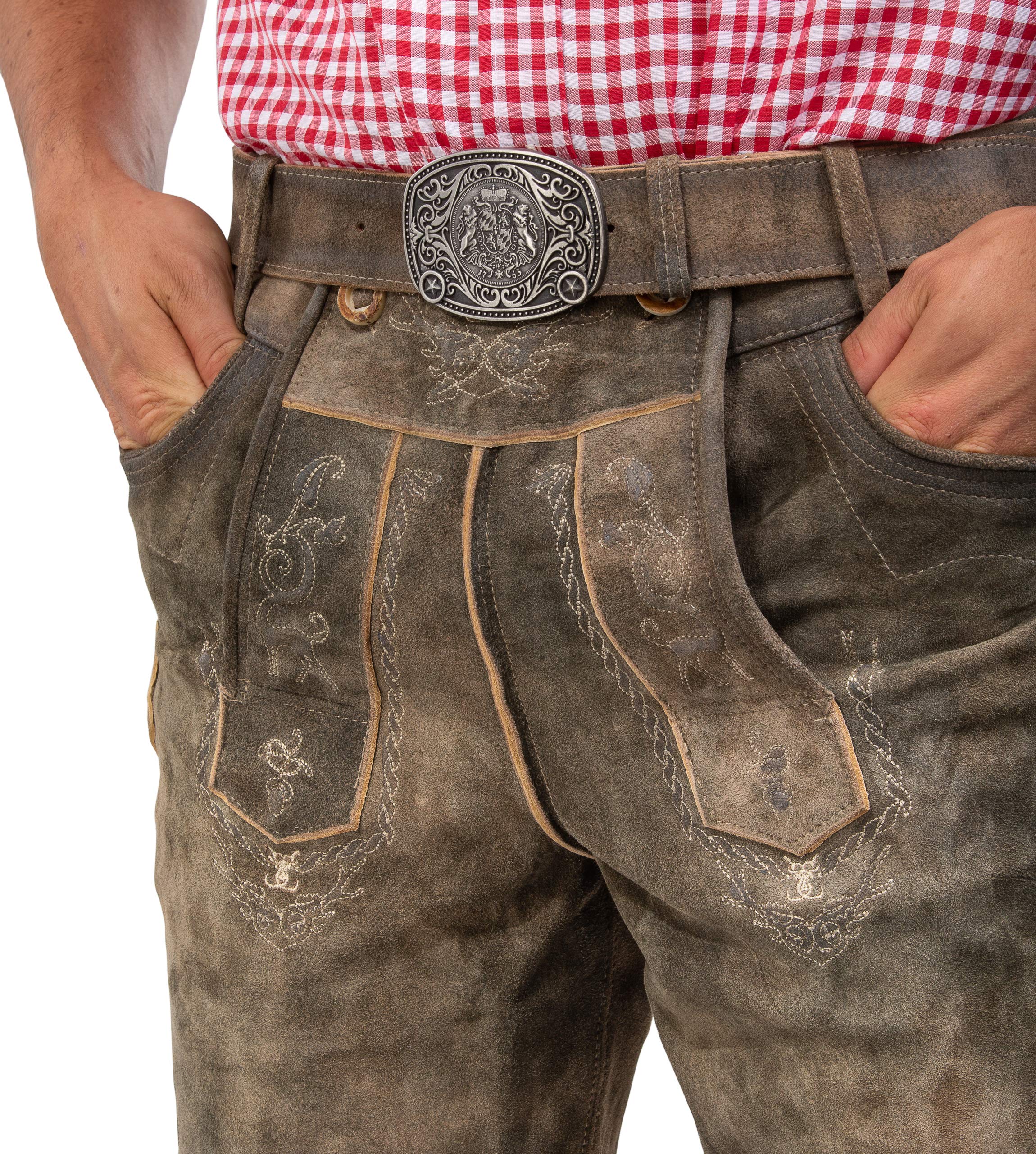 Schöneberger Trachten Couture Herren Lederhose kurz mit Trachtengürtel, traditionelle Vintage Trachtenhose für Oktoberfest aus hochwertigem Wildbockleder, Jakob
