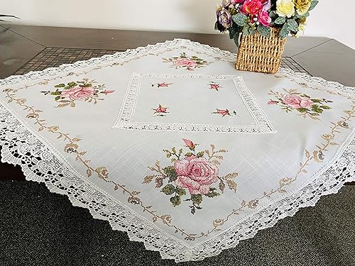 AMT Gorgeous Venice Lace Floral Cross-Stitch Embroidered Linen Table Topper- 34x34 SQ./RD. White/Beige