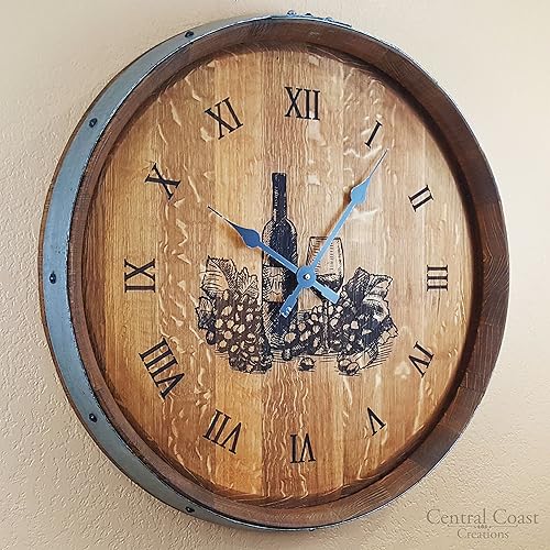 Barrel Top - Reloj de pared grande con copa de vino, reloj de madera rústico hecho a mano, 24 x 4 x 24 pulgadas