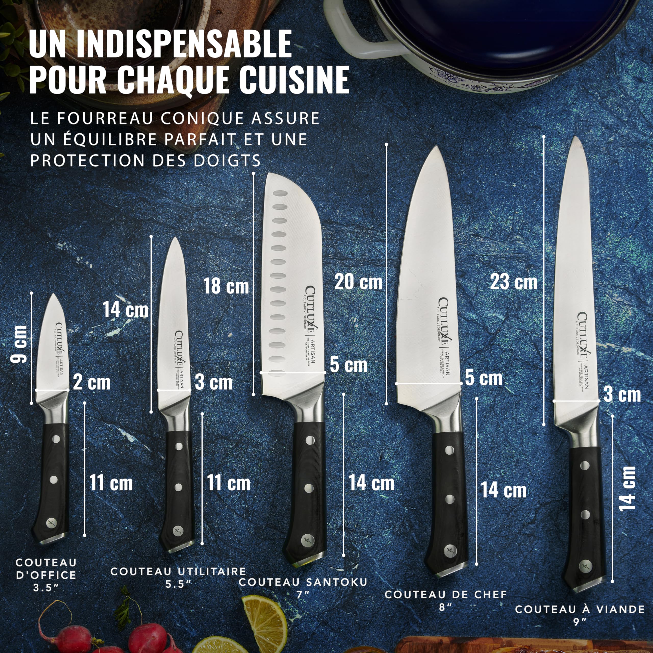Cutluxe Set 5 Couteaux de Cuisine – Acier Allemand, Ultra Tranchant | Pleine soie et poignées ergonomiques; lames en carbone pour chef, légumes et viande; coffret garantie à vie