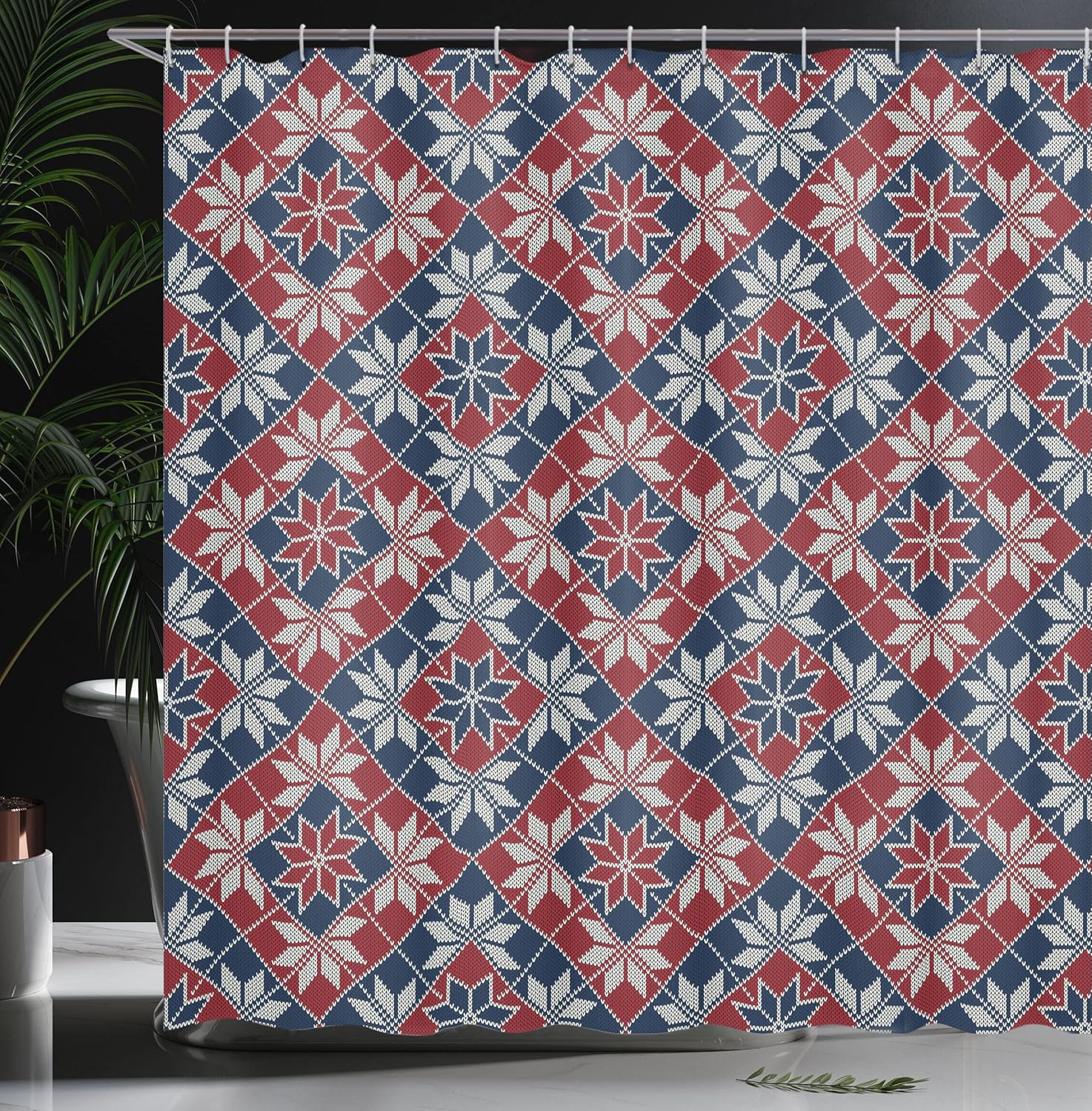 Ambesonne Nordic Shower Curtain, Wool Knit Pattern with Tartan Geometric Stripes Flower Print, Cloth Fabric Bathroom Decor Set with Hooks, 69" W x 70" L, Ruby Dark Blue Coconut