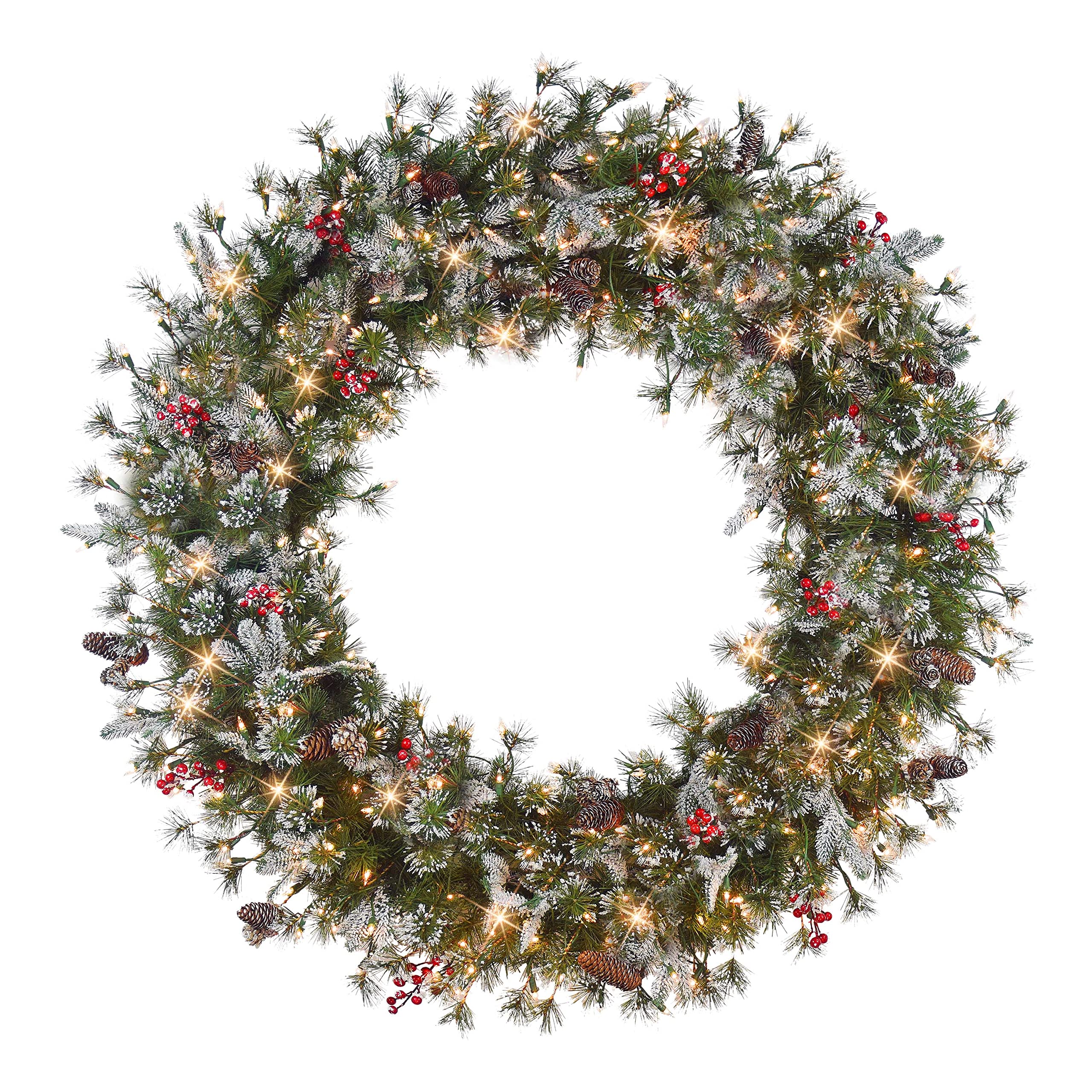 48 in Pre-Lit Glittery PE/PVC Wreath, 560 Tips, Pine Cones, Berries, 250 UL Clear Incandescent Lights