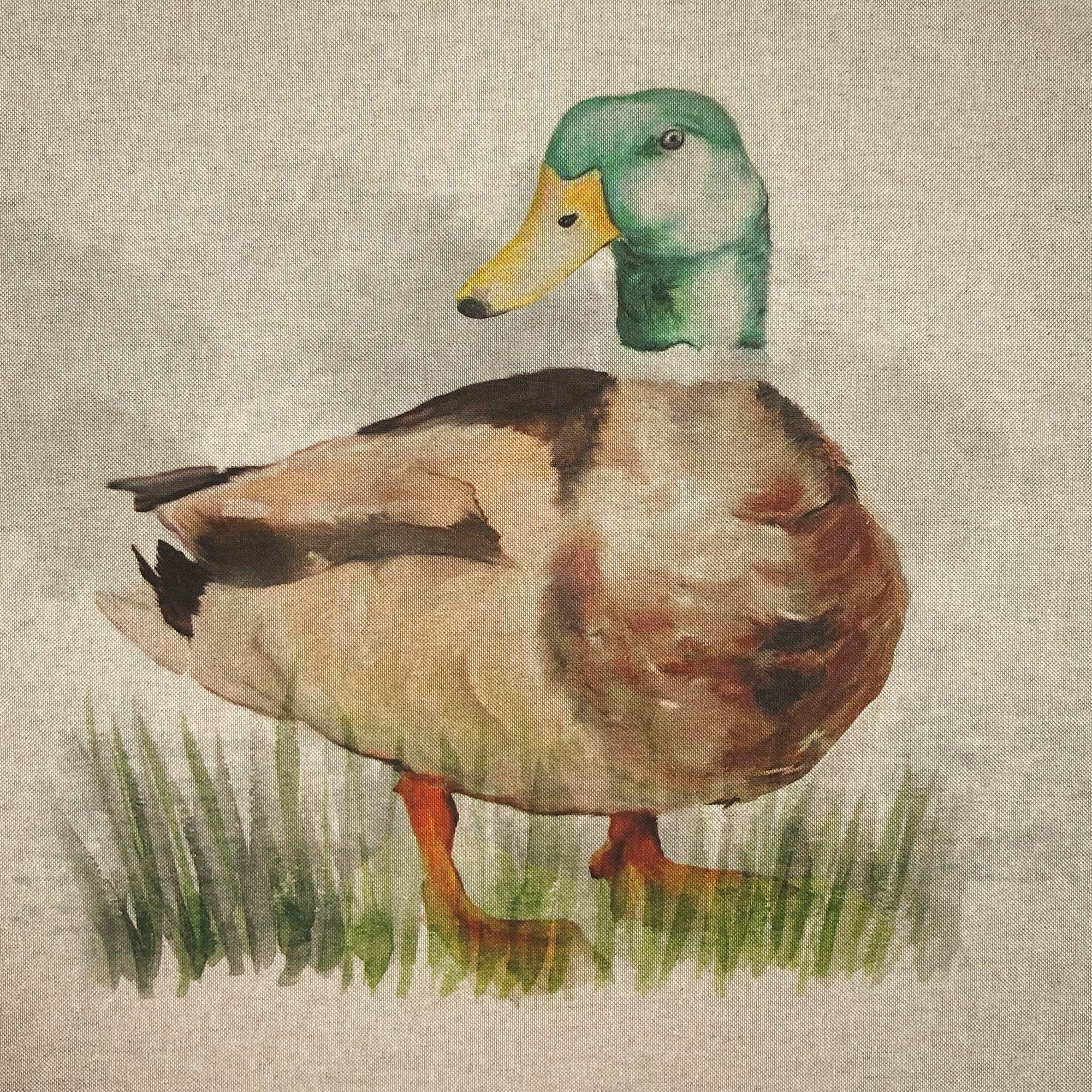 Mallard Ducks Watercolour Woodlands Digital Print Design Cotton Rich Linen Look Fabric for Bunting Blinds Craft Quilting Patchwork & Upholstery | Sold Per Panel