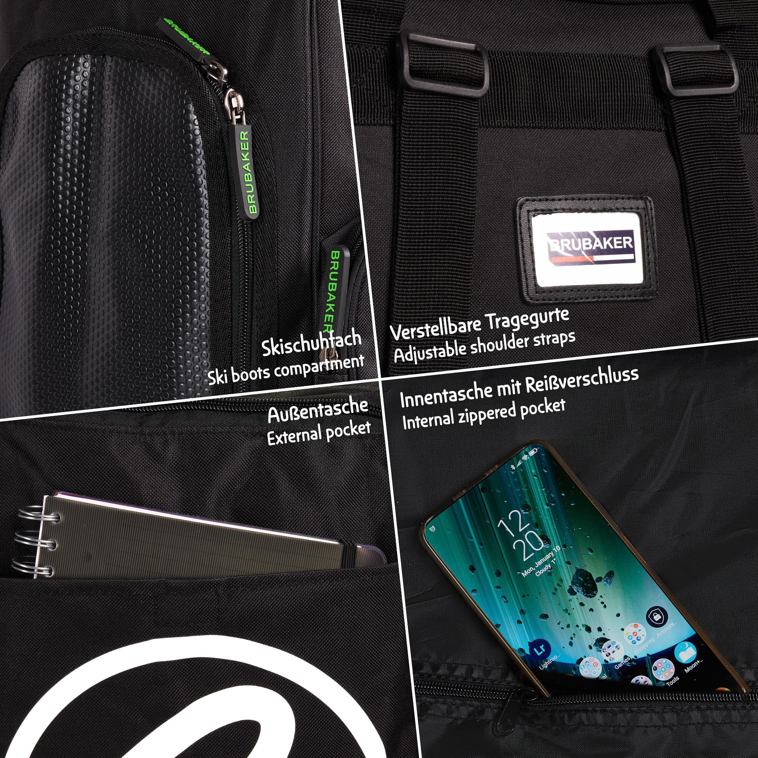 BRUBAKER Conjunto 'Super Champion' Bolsa para Botas y Casco de ski Junto a 'Carver Champion' Bolsa para un par de Ski - Negro/Verde - 170 cms.