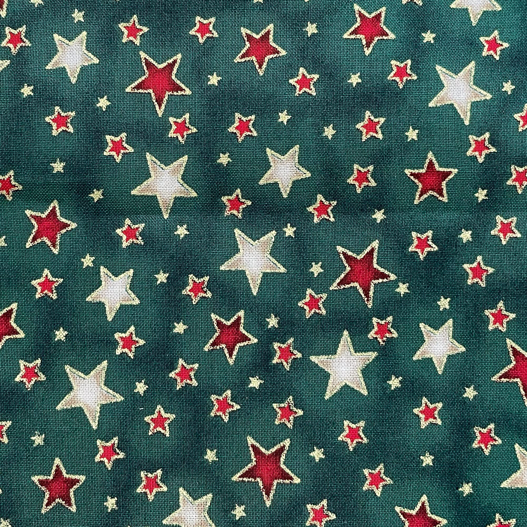 Tirrito Green Christmas Fabric - Metallic Gold & Red Stars On - Xmas Craft Fabric Material Metre