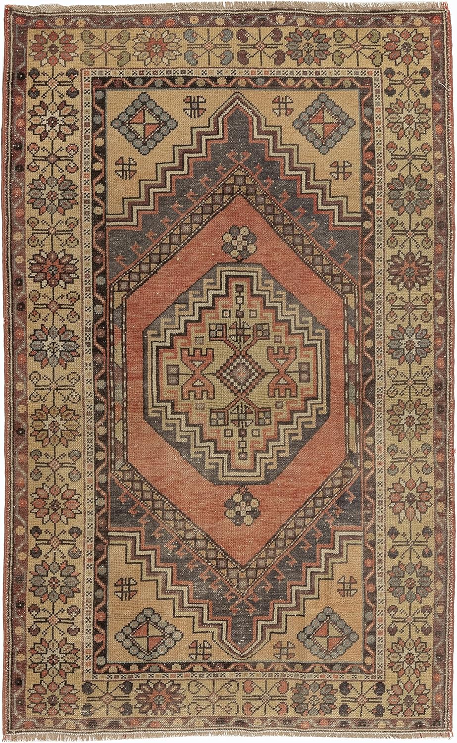 3.7x5.8 Ft Handmade Wool Carpet with Medallion Design, Vintage Oriental Rug. C1308