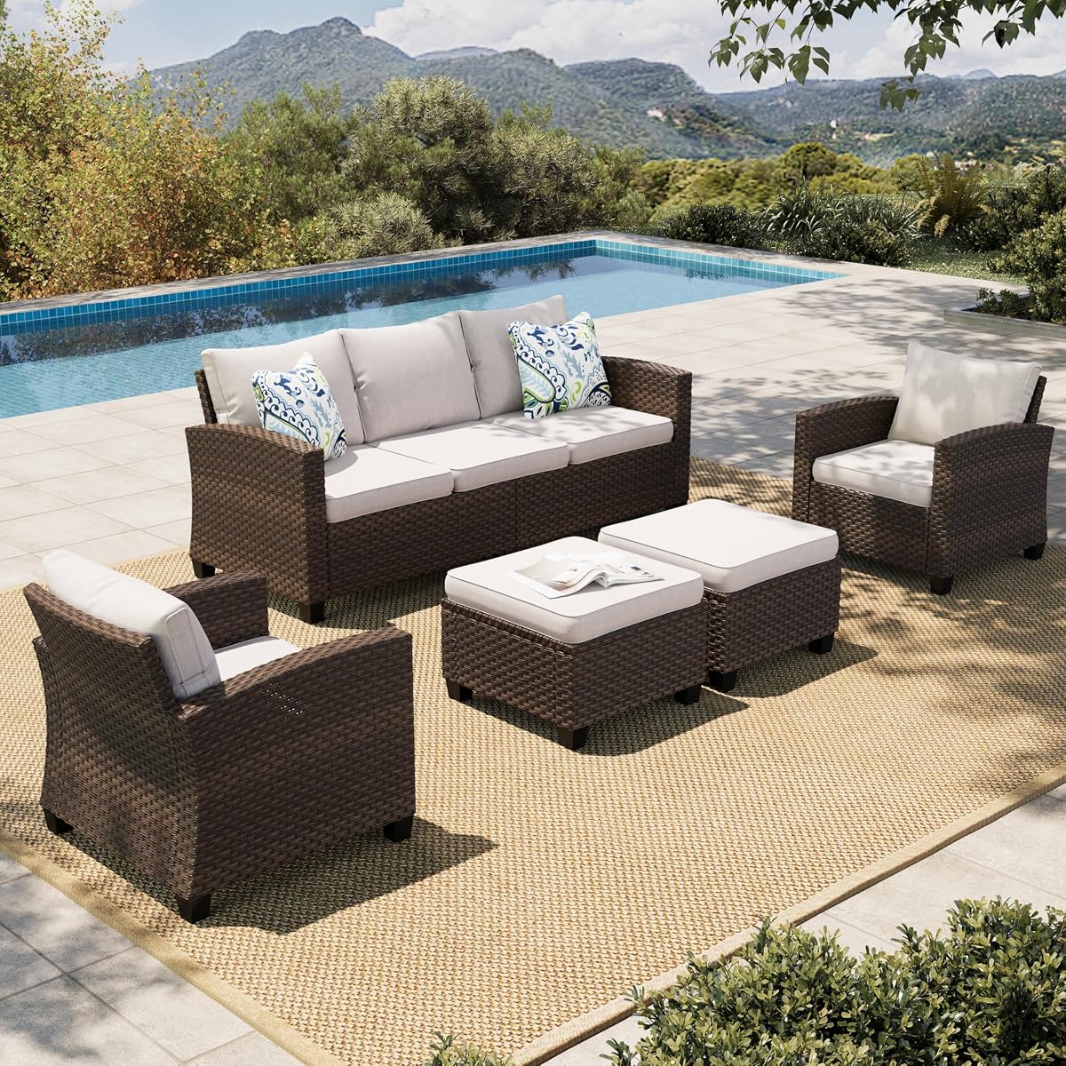 HERA'S HOUSE Patio Furniture Set, 5 Pieces Outdoor Wicker Furniture | All Weather Rattan Patio Conversation Set, Deep Seating Outdoor Sofa Sets for Lawn Deck Backyard, Brown/Beige