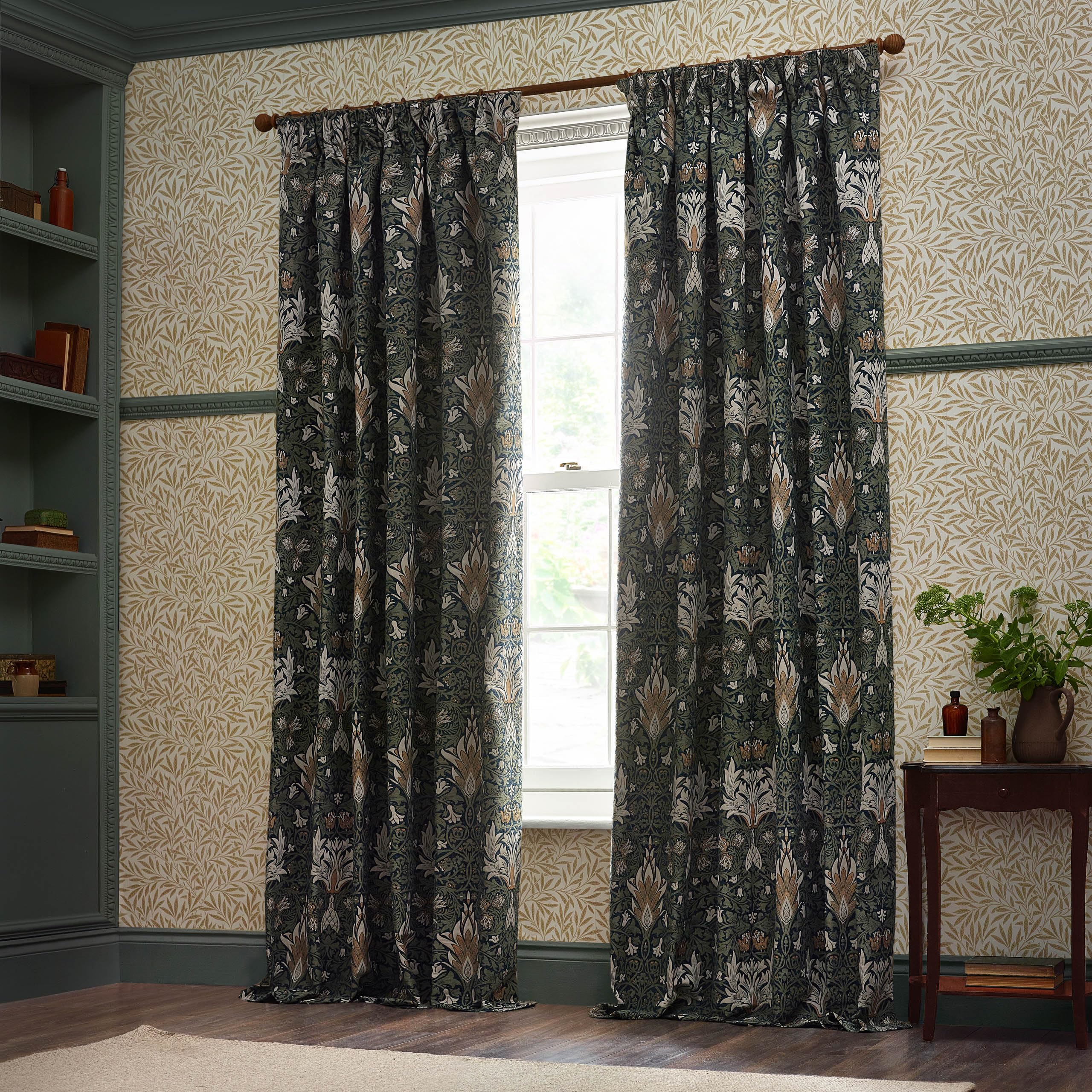 Morris & Co Indigo Snakeshead Jacquard Chenille Room Darkening Pencil Pleat Curtains In | : 117Cm Width X 137Cm Drop