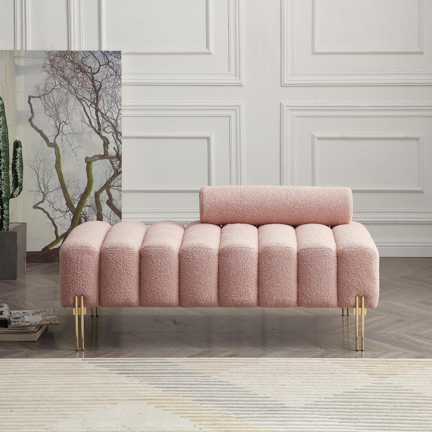Cozy and Elegant Modern End of Bed Bench, Upholstered 2-Seater Sofa with Gold Metal Legs, Rose