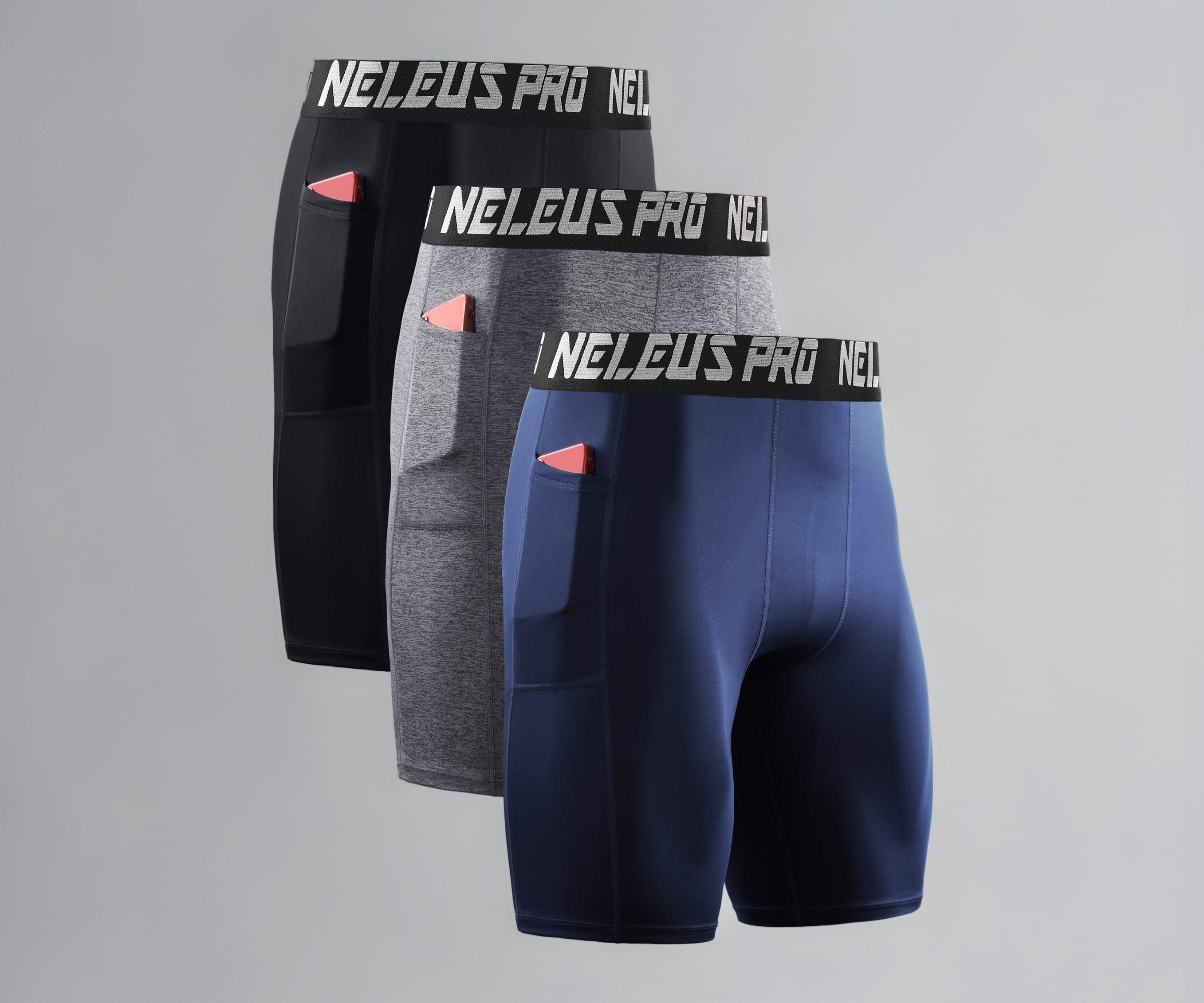 Neleus Men's 3 Pack Compression Short with Pocket