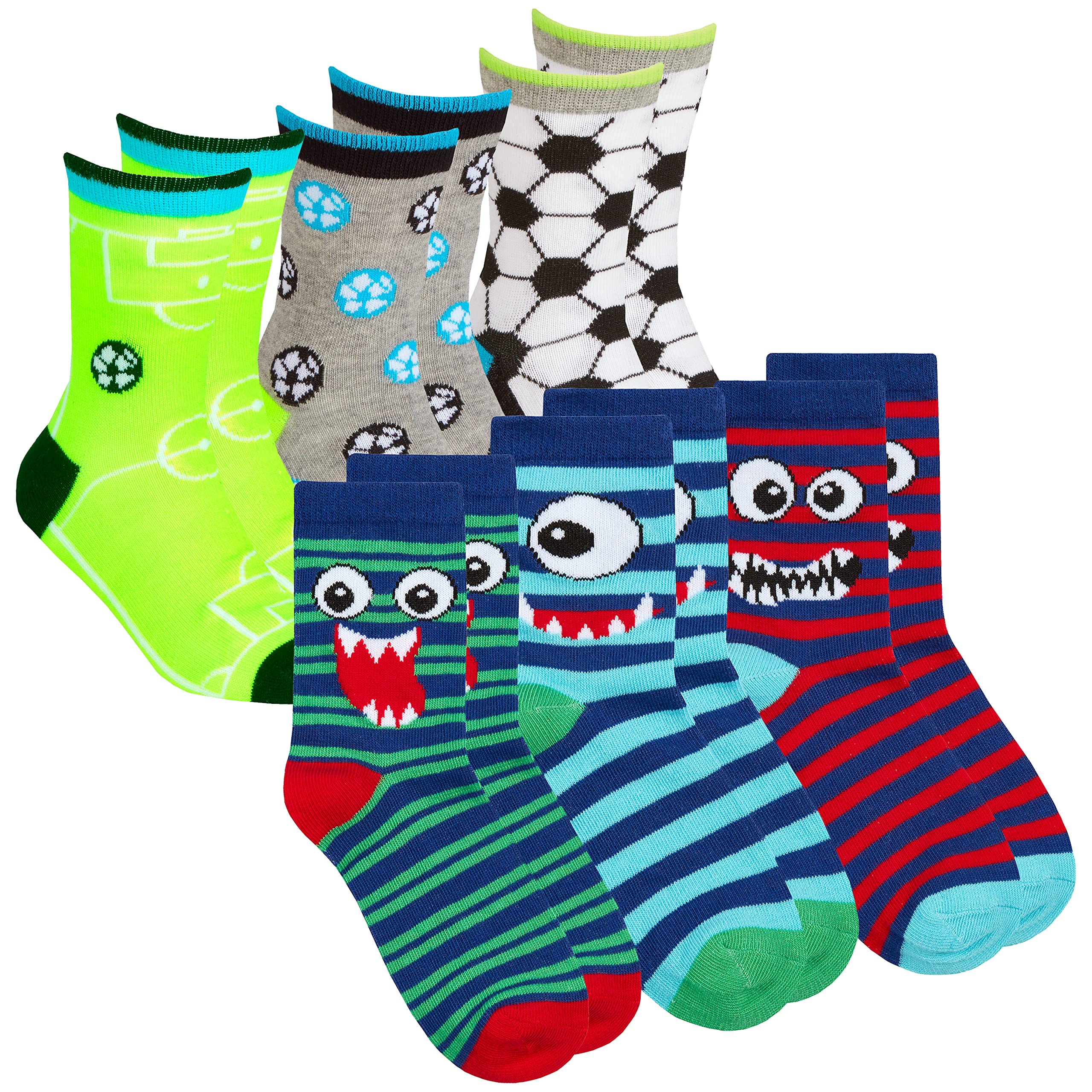 Metzuyan Kids Boys 6 Pairs Crew Socks Cotton Rich Novelty Cartoon Print Mid Calf Sock Football Faces 6-8.5