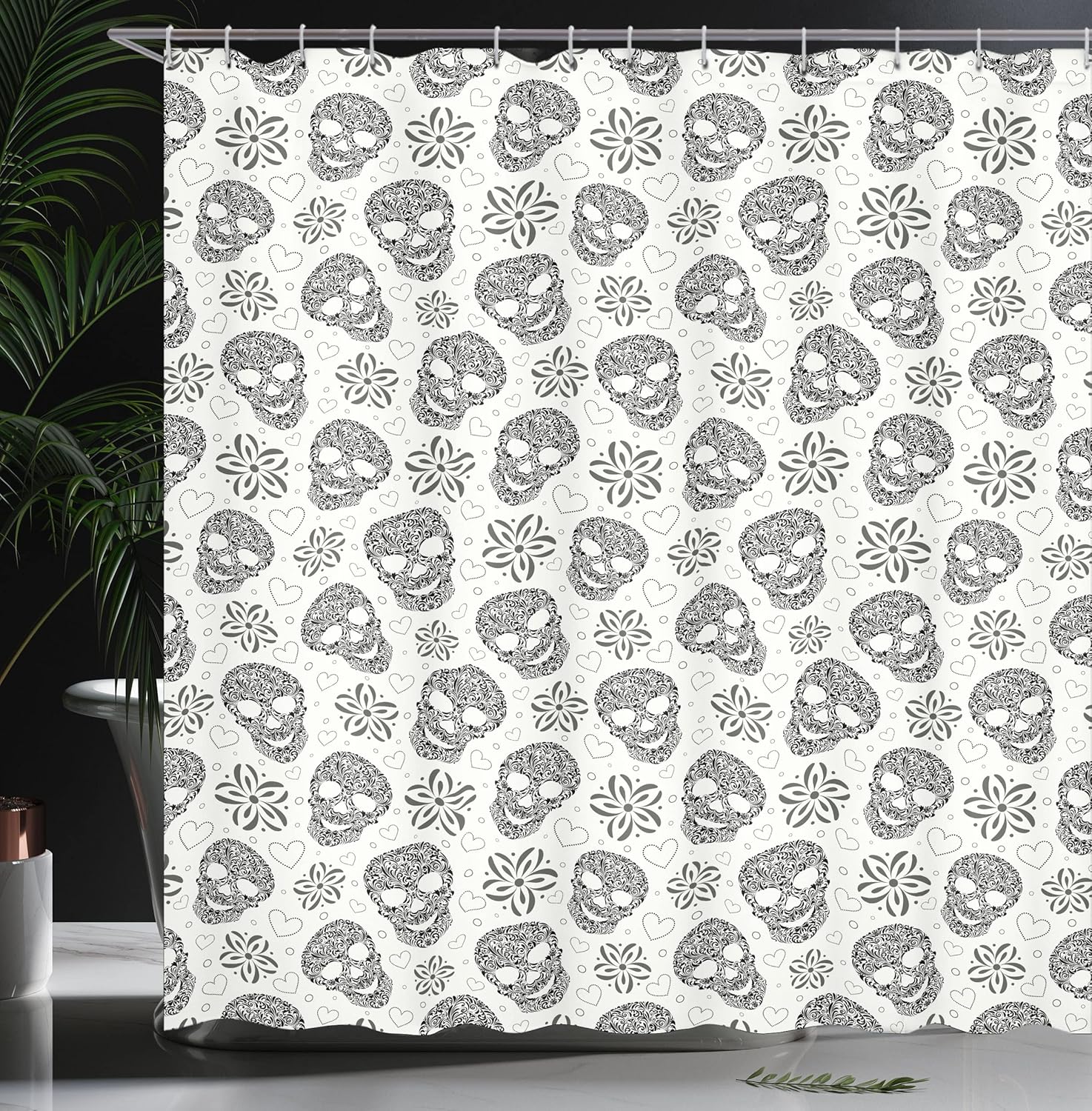 Ambesonne Skull Shower Curtain, Abstract Floral Skulls Daisies Hearts Circles Illustration Vintage Style Print, Cloth Fabric Bathroom Decor Set with Hooks, 69" W x 70" L, White and Black
