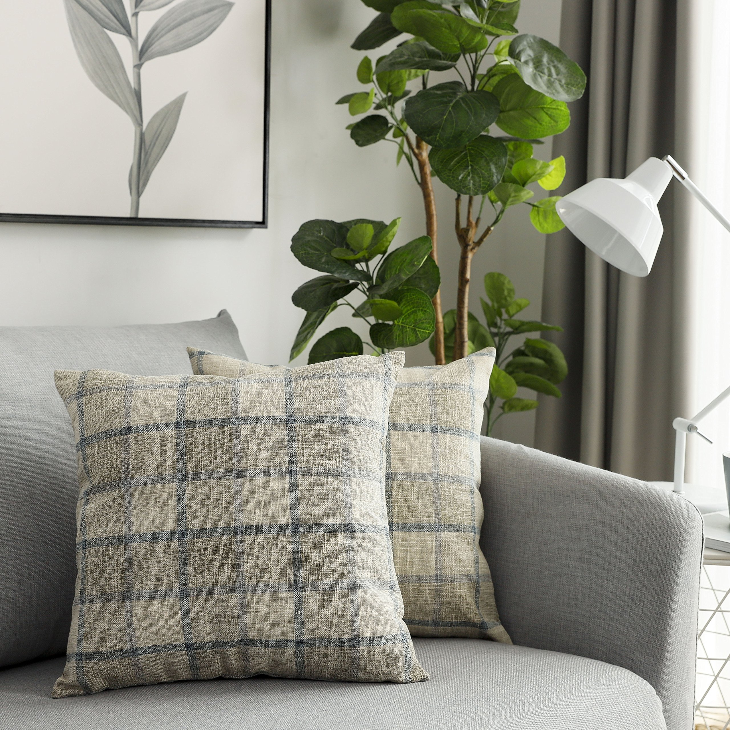 Photo 1 of UGASA Square Checkers Decorative Throw Pillow Case Cotton Linen Cushion Covers Shell with Hidden Zipper, 18 x 18 Inches, 2 Pc, Natural + Little Boy Blue 18"x18", 2 Packs Natural+little Boy Blue