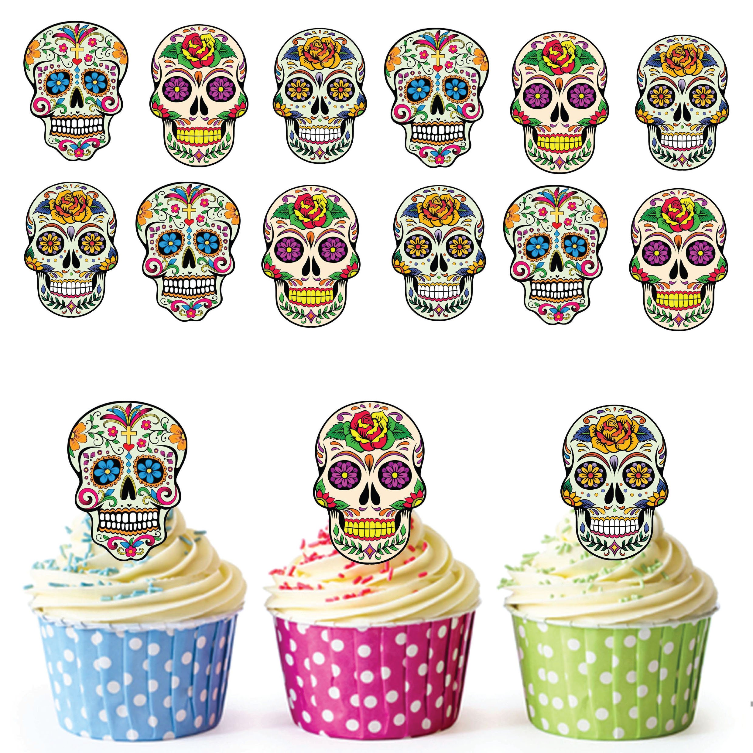 Sugar Skull Day of the Dead Cupcake Toppers/Cake Decorations (Pack of 12)