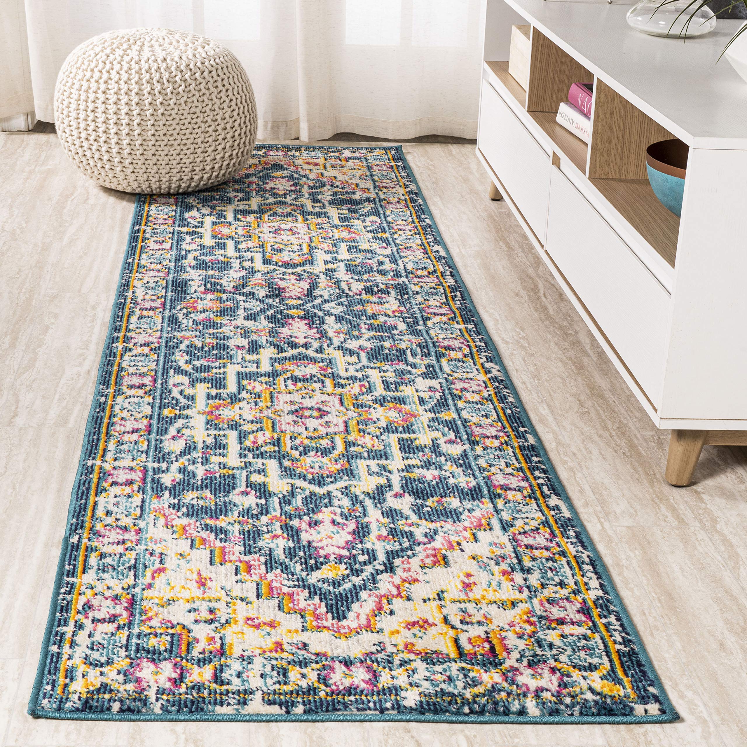 JONATHAN Y MDP207A-28 Brooklyn Geometric Medallion Bohemian Indoor Area Rug Country Easy Cleaning Bedroom Kitchen Living Room Non Shedding, 2 X 8, Navy