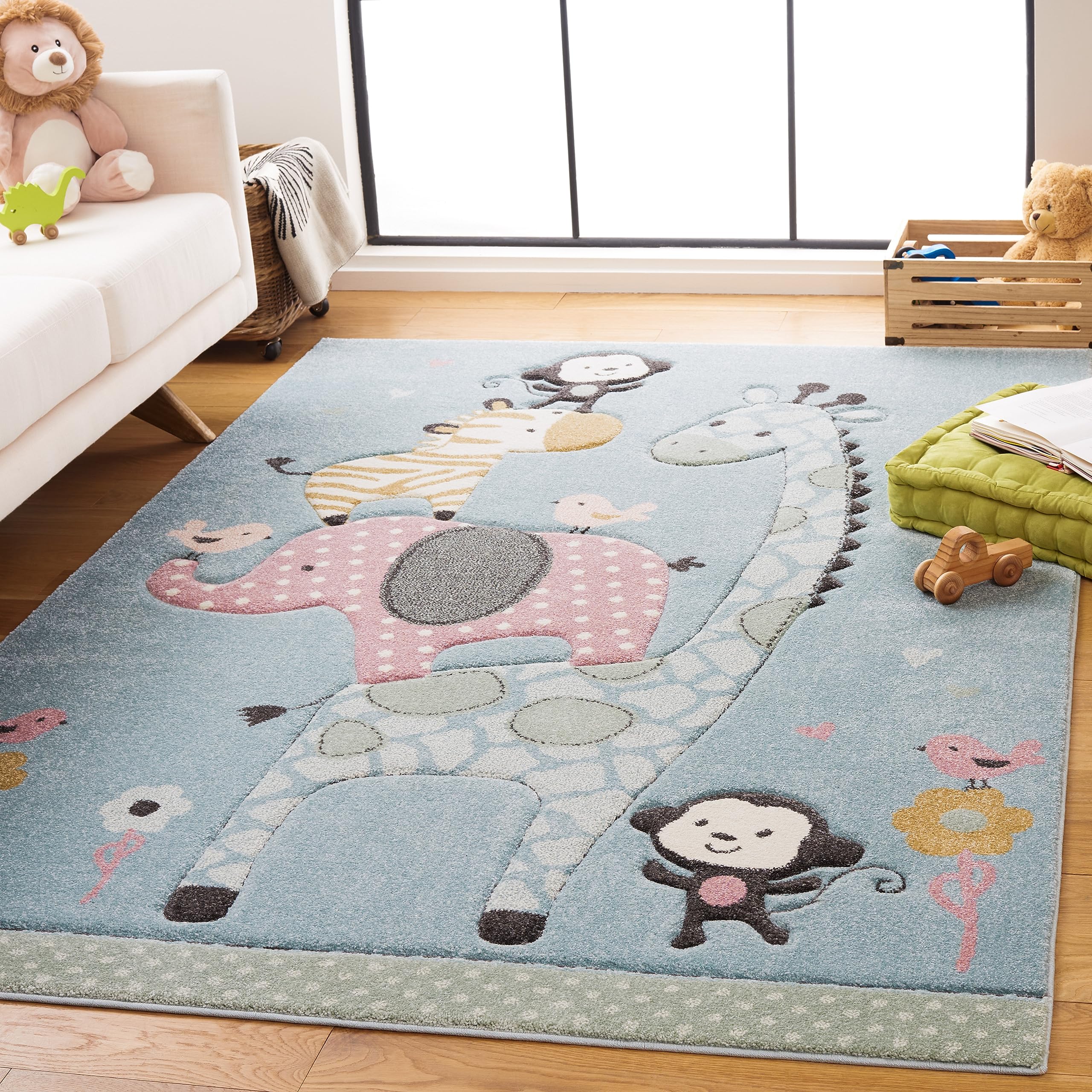 SAFAVIEH Carousel Kids Collection Area Rug - 5'3" x 7'6", Blue, Animal Design, Ideal for High Traffic Area for Boys & Girls in Playroom, Nursery,