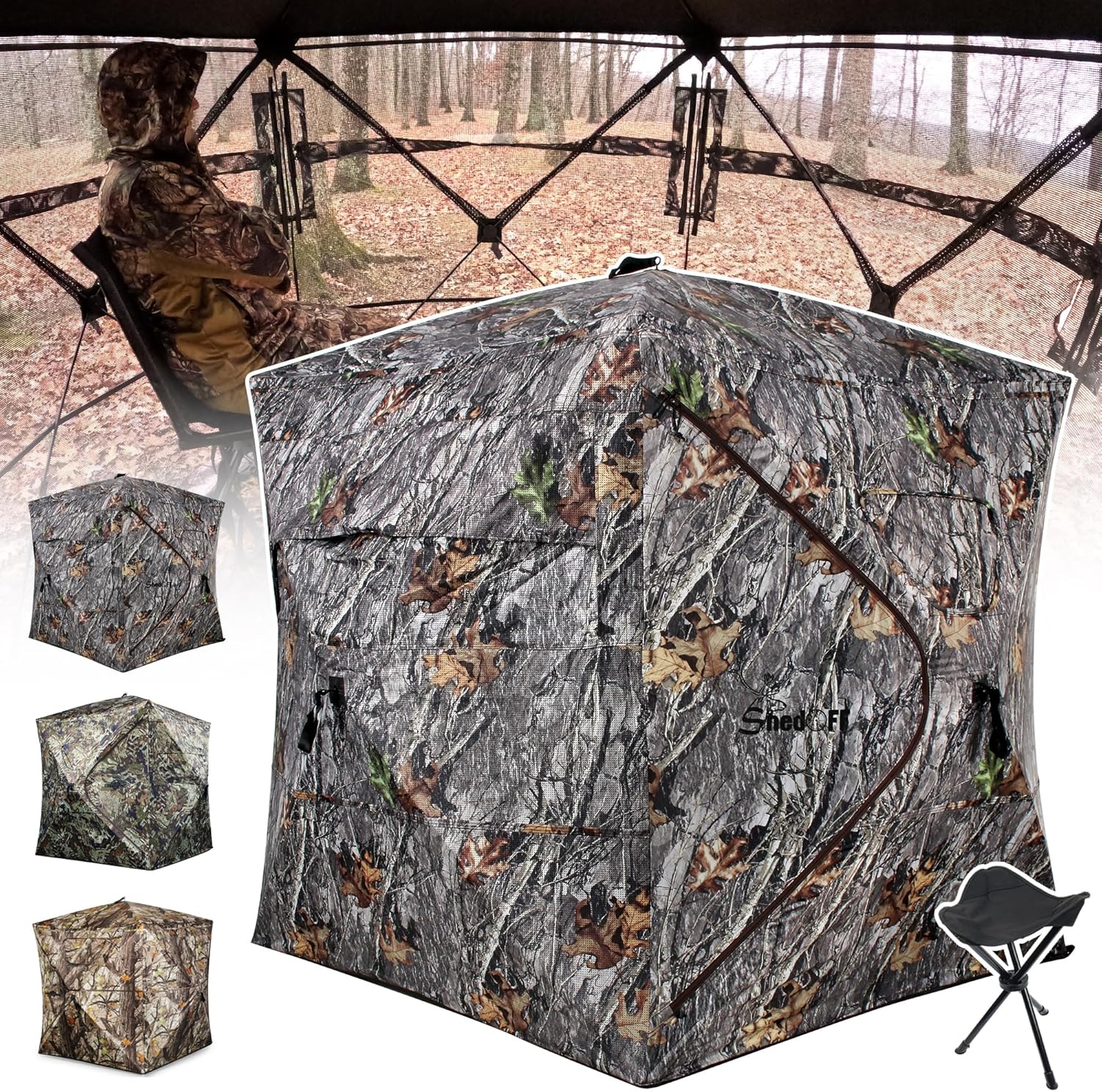 Hunting Blind 1-3 Person with Tri-Leg Hunting Stool, 270 Degree See Through Pop up Ground Blinds for Deer Turkey Duck Hunting, Bow Hunting Adjust Windows with Silent Zipper(Camo Branches)