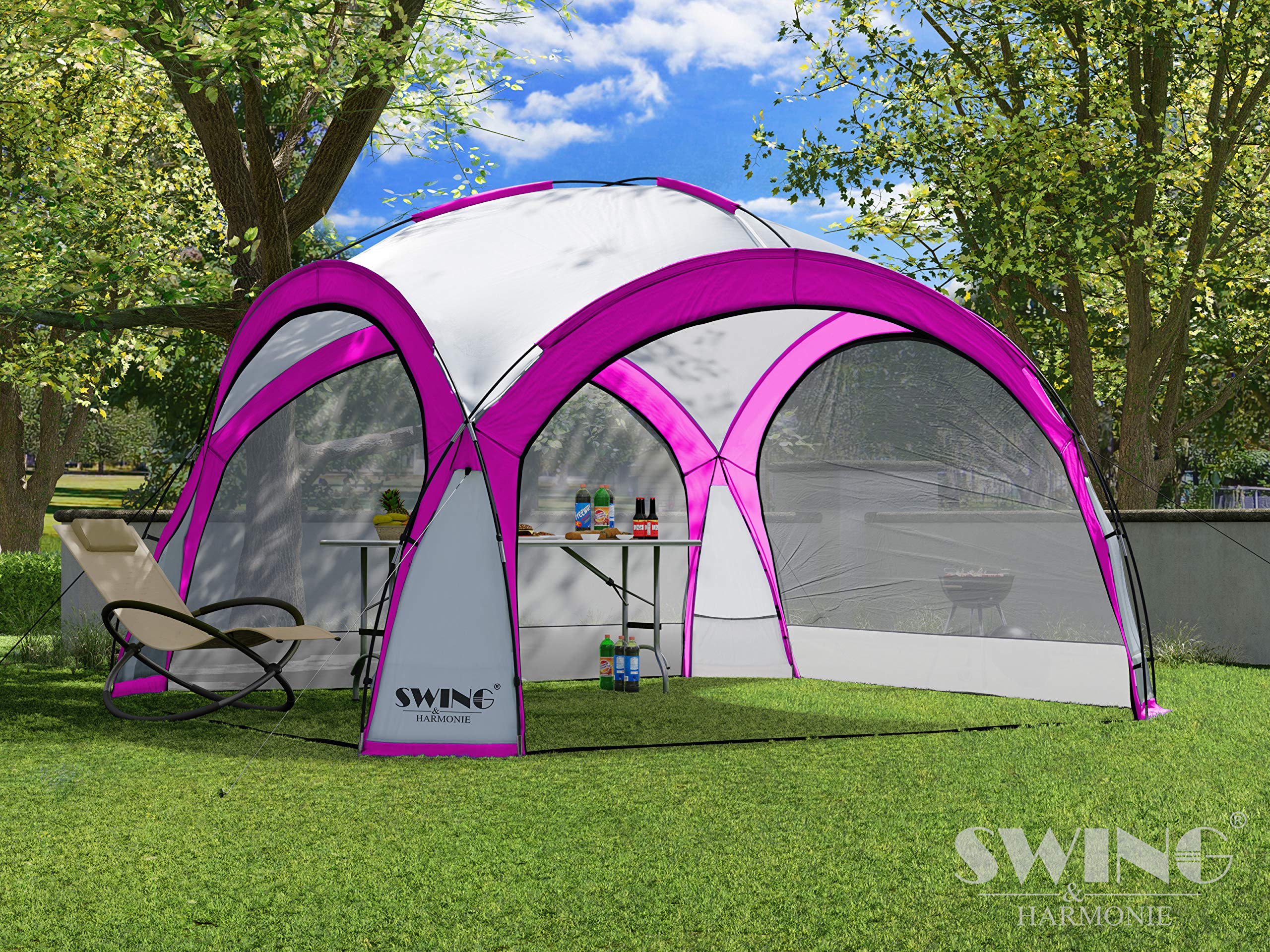 XXL LED Event Pavillon 4,5 x 4,5m DomeShelter Garten Pavillion inkl. Solarmodul Pavilion Designer Gartenzelt Camping Pavilon Partyzelt mit Beleuchtung (450cm - pink)