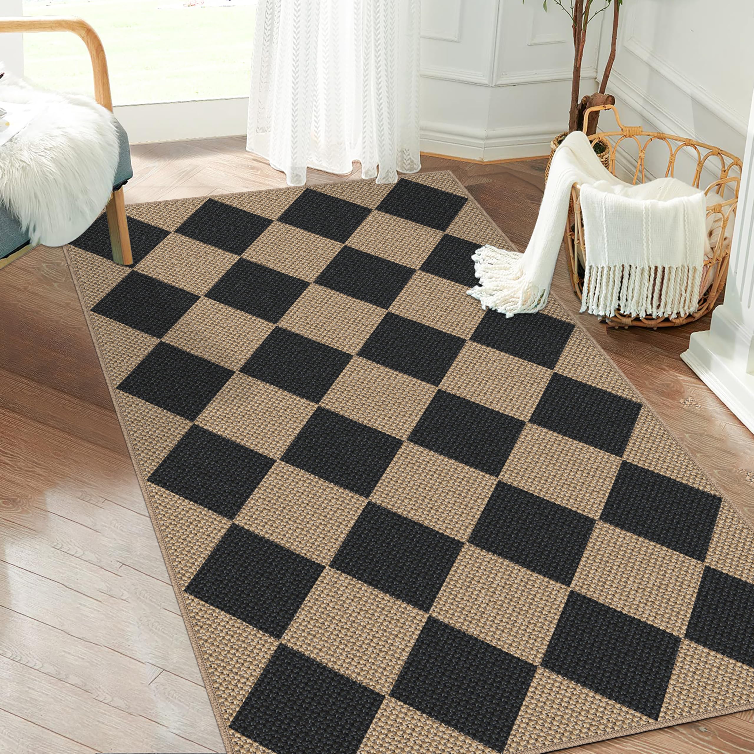 Capslpad Teppich Läufer Flur Karierter Jute Aussehen KüchenTeppich Natürlich Waschbar Teppich Braun rutschfest Wohnzimme Läufer Flur Eingang, Küche, Schlafzimmer, Balkon