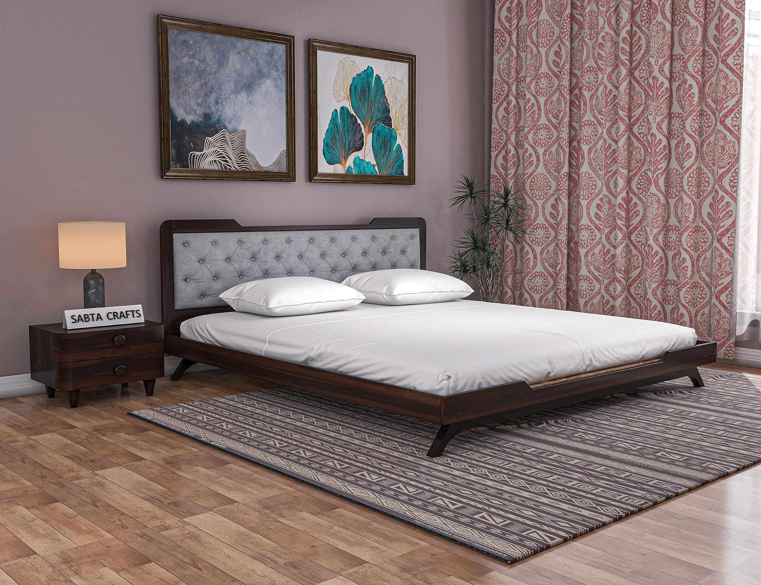 Craft Sheesham Wood King Size Bed for Bedroom | Wooden Double Bed Cot Bed with Grey Upholstered Cushioned Headboard for Bedroom & Hotel Furniture | Rosewood, Walnut Finish