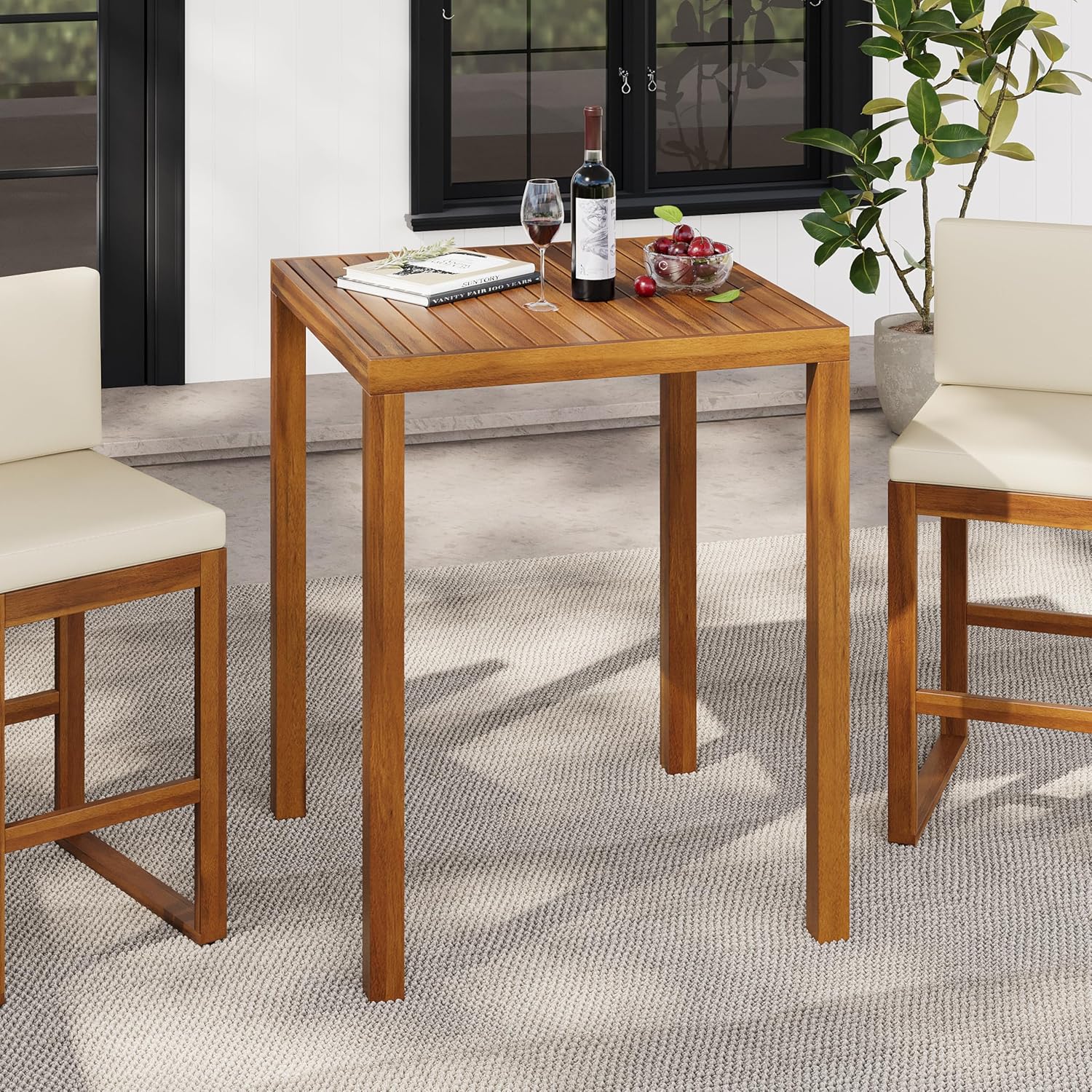 Christopher Knight Home Gree Acacia Wood Outdoor Bar Table, Wooden Patio Bar Height Table, Square Kitchen Coffee Bar Table, Patio Furniture Set, Light Brown