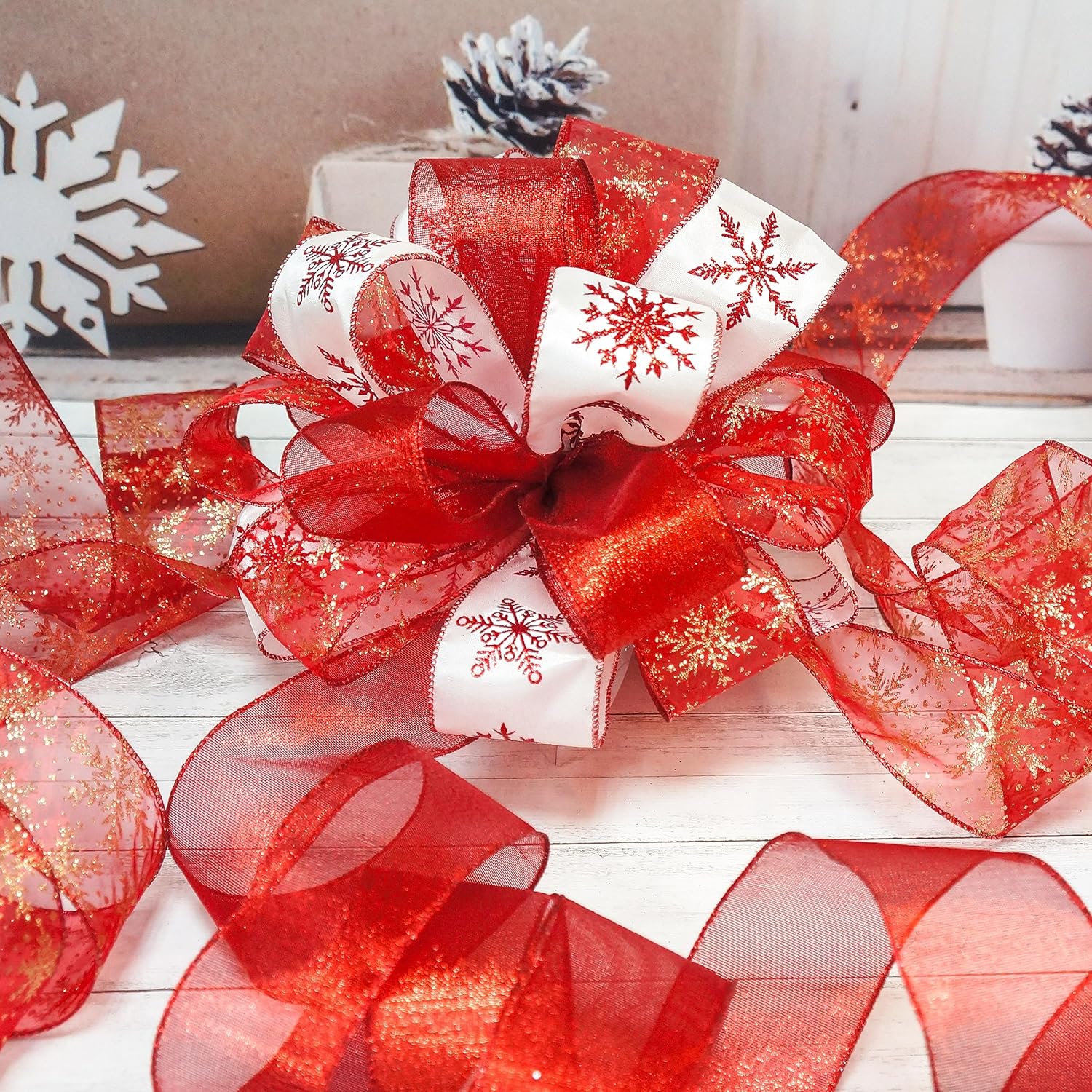 Christmas Tree Topper Bow - Bow: 11" sq. - Tails: 3 Yards Long Each - Red Snowflake - Image 3