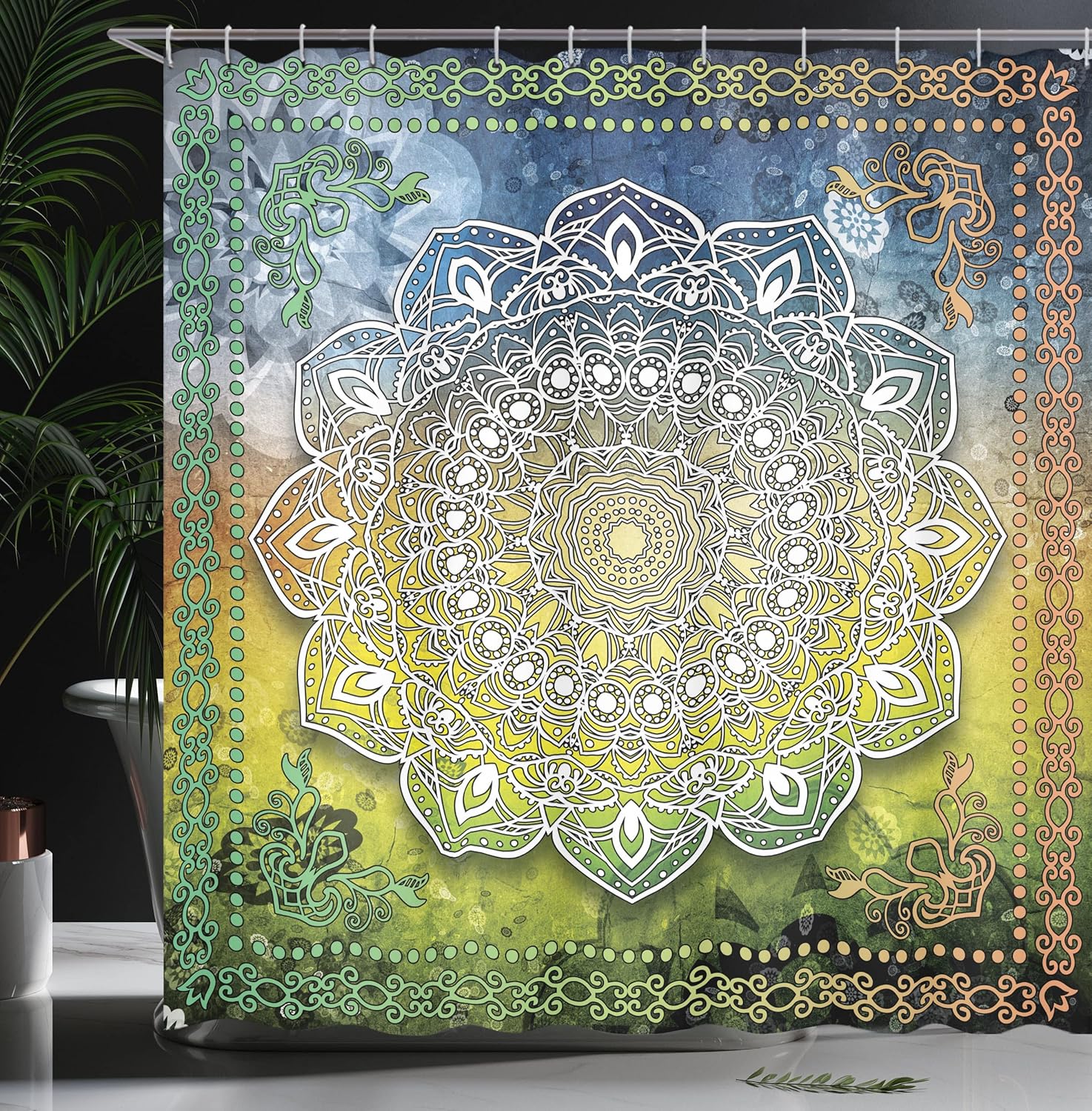 Ambesonne Ethnic Shower Curtain, Mystic Mandala Culture Karma Calmness and Harmony Boho Design, Cloth Fabric Bathroom Decor Set with Hooks, 69" W x 84" L, Blue Yellow