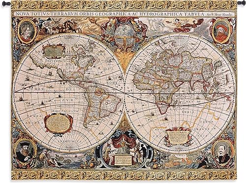 Jan Janssonius antiguo mapa del mundo antiguo | Tapiz tejido para colgar | Hermoso globo rústico con lujosos diseños de mitología | 100% algodón