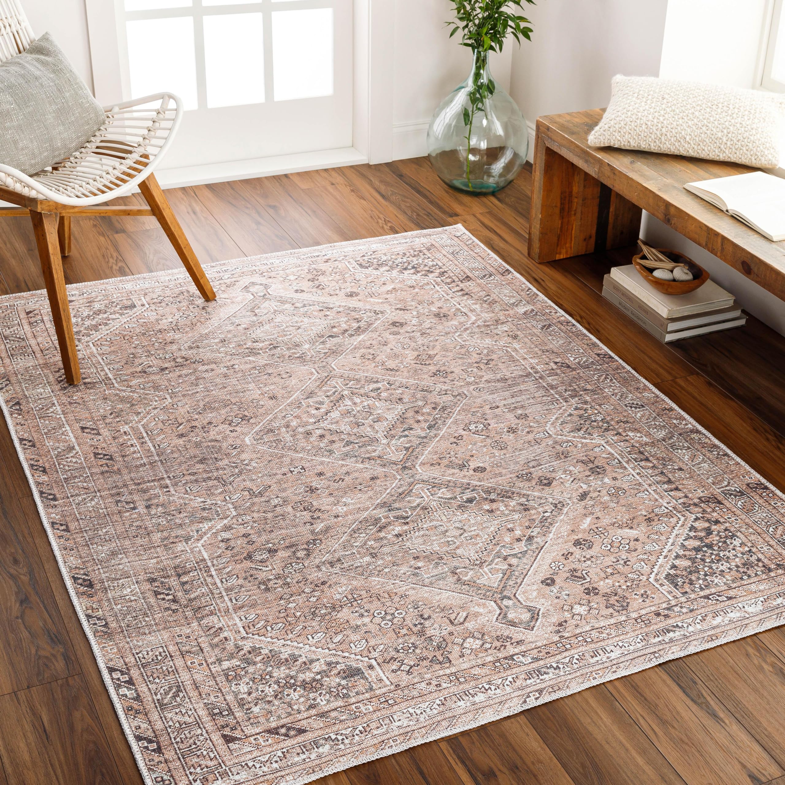 Livabliss Calypso Kotelia Machine Washable Floor Covering 160x220 cm – Vintage Boho Style for Living Room, Dining, Kitchen & Hallway, Easy Care, Brown, Orange, Peach & Black