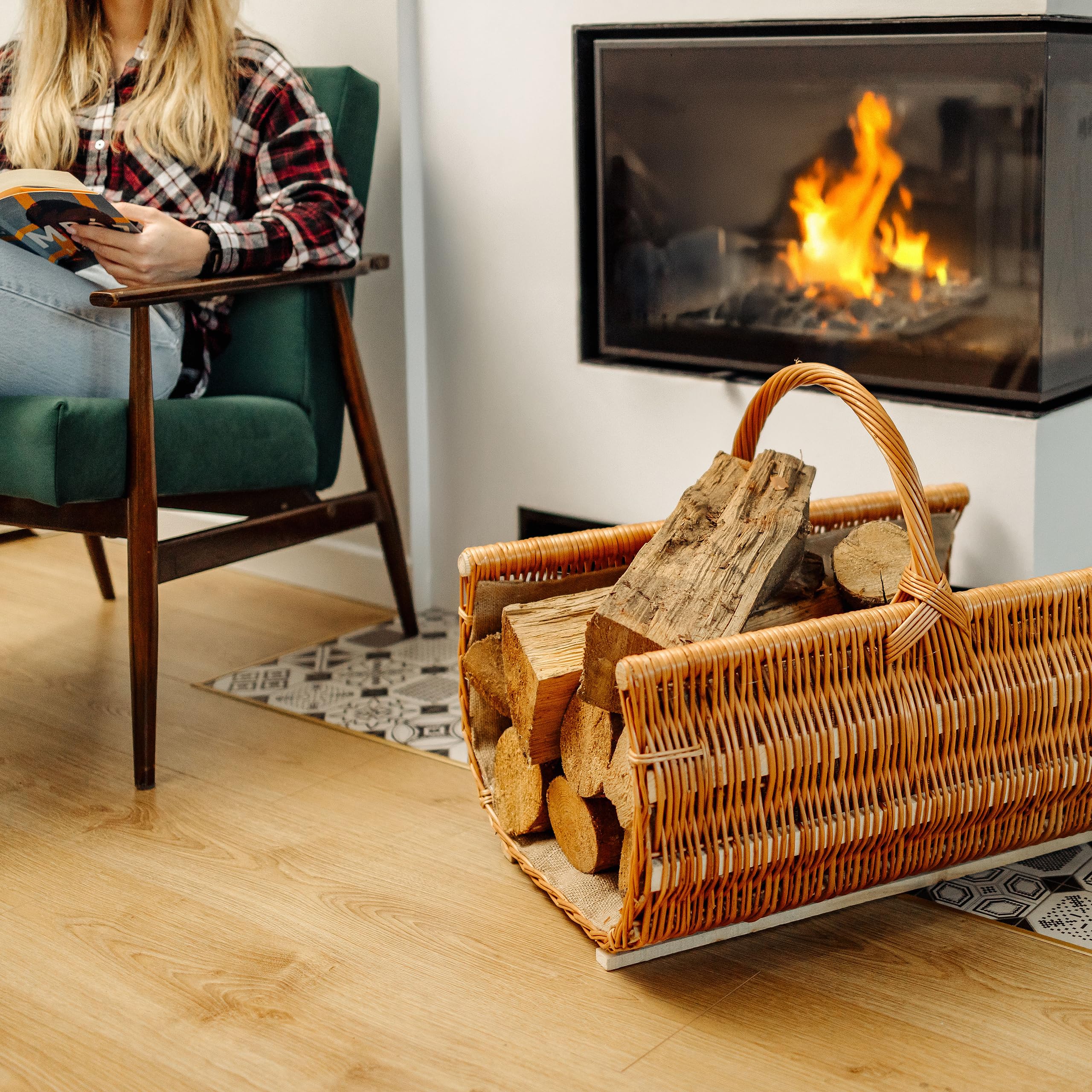 Creative Home Groß Kaminkorb Holzkorb Kaminholzkorb | 60 x 45 x 50 cm (+/-2cm) | Aufbewahrung Oval Weidenkorb für Kaminholz/Holz | Braun Dick Weide Feuerholzkorb mit Juteeinlage Holztrage Tragekorb