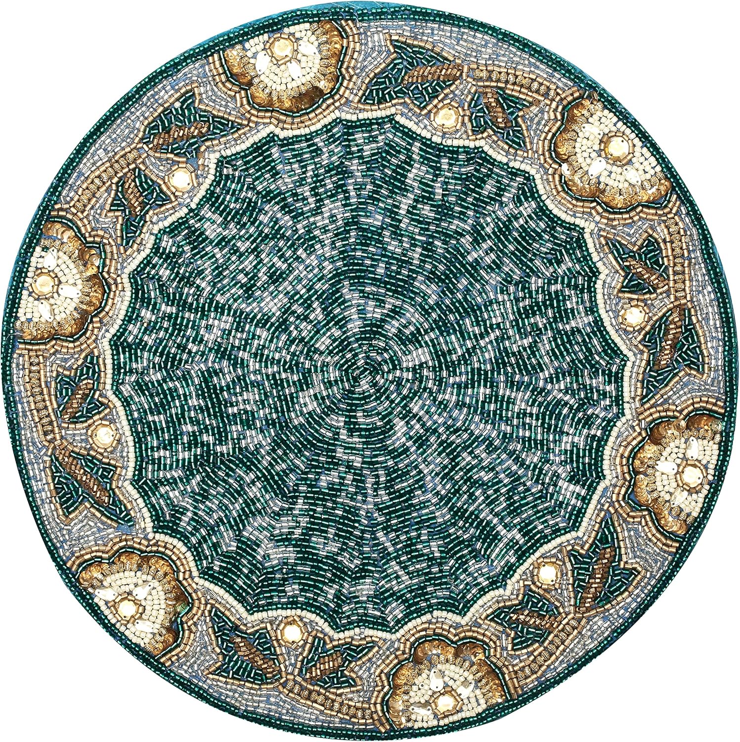 Beaded Round Placemats 13” – Teal Silver White Gold Beaded Charger Placemats for Dining Table, Decorative Glitz Placemats for Holiday, Christmas, Wedding & Party Table Setting