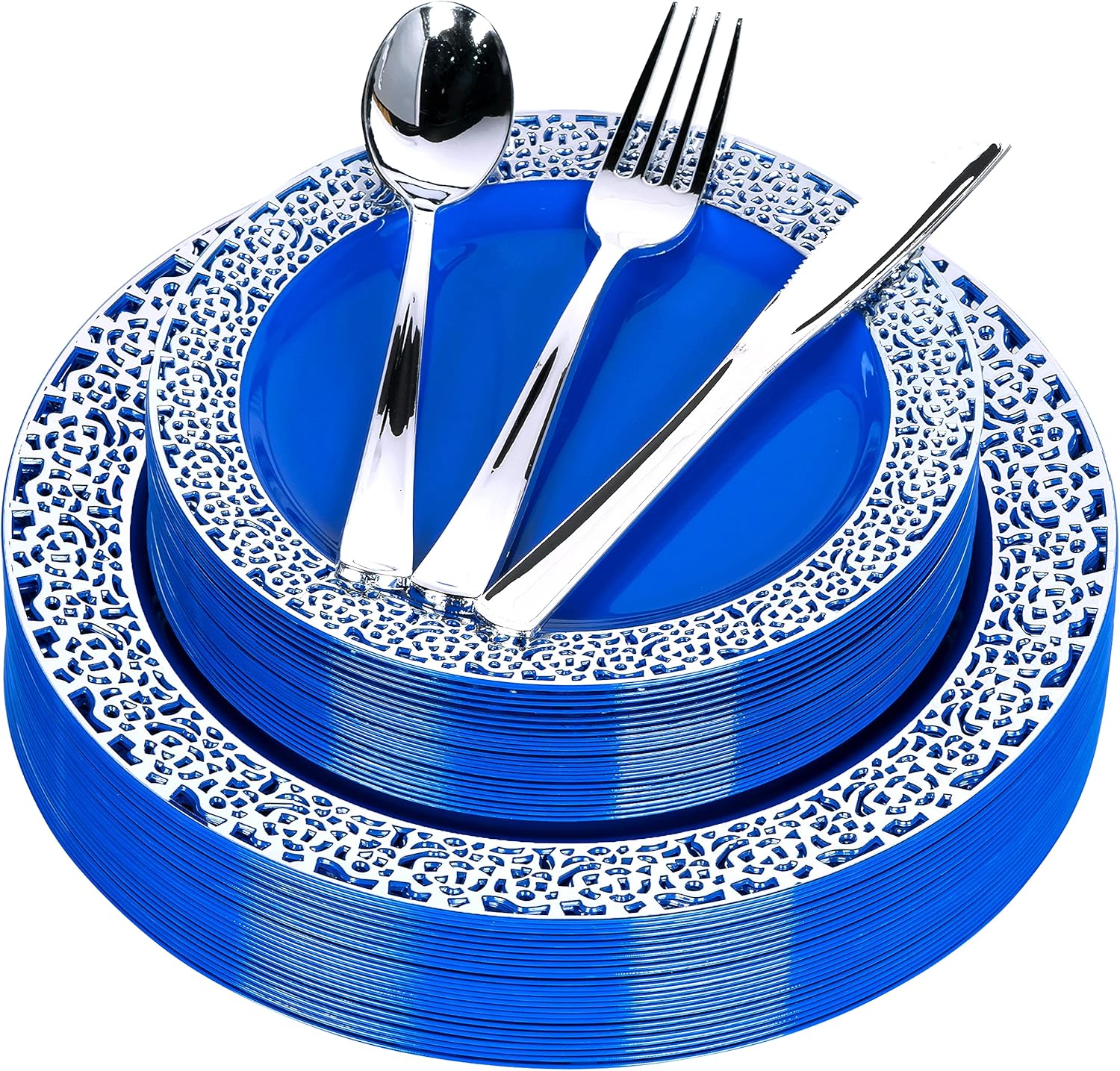 FOMOICA Royal Blue Silver Plastic Plates and Silverware