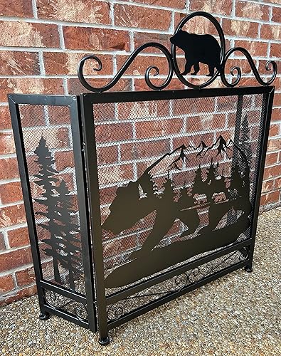 Miniatura 2 de Bear Mountain Scenic Forest - Pantalla decorativa de 3 paneles de metal negro pesado para chimenea