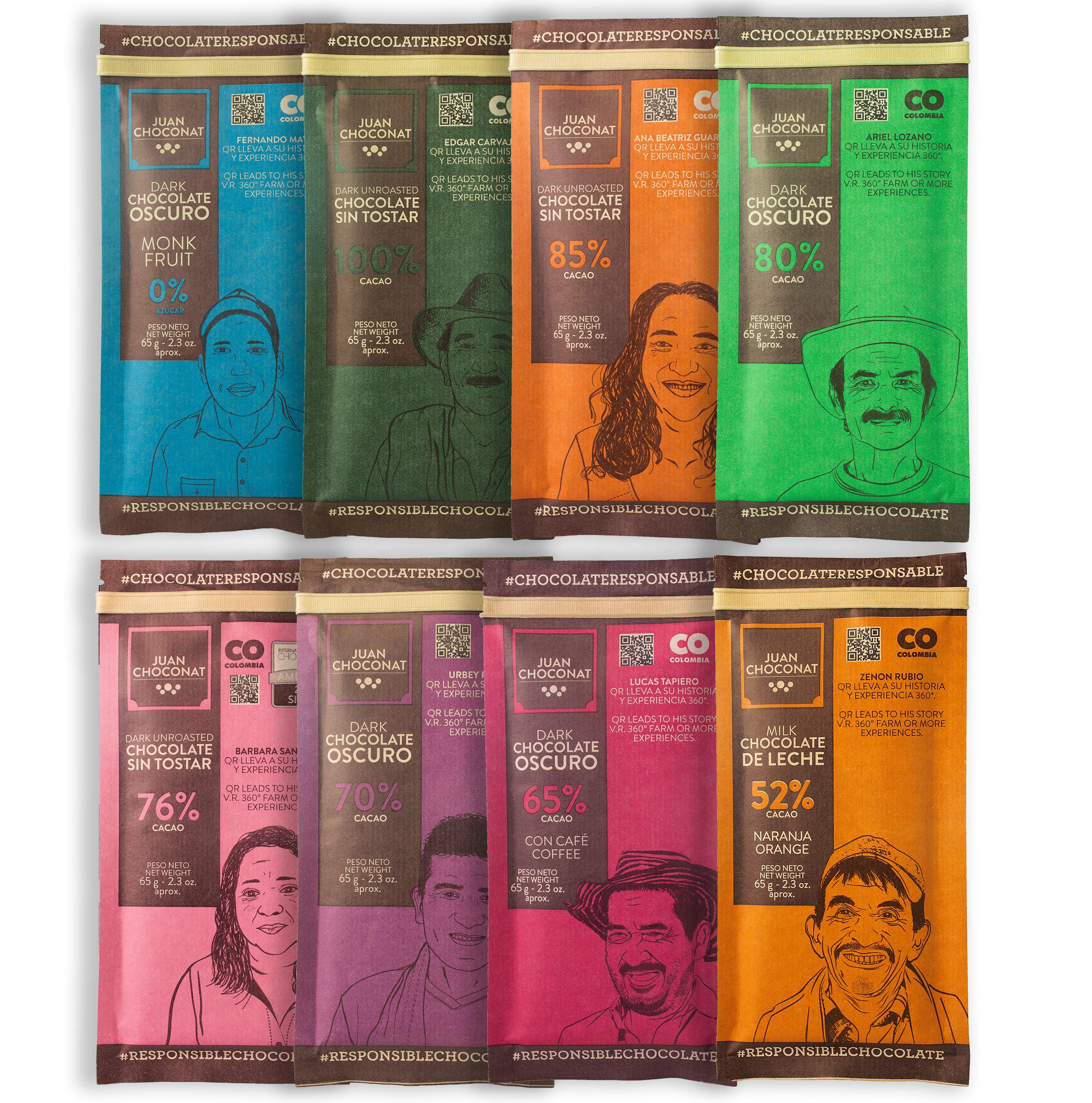 Juan Choconat Chocolate Bars | 8 VARIETY PACK | Premium Non-GMO Organic Dark Chocolate from Colombia -Gluten-Free, Natural, and Fair Trade Chocolate - Responsible Chocolate. 2.3 oz each