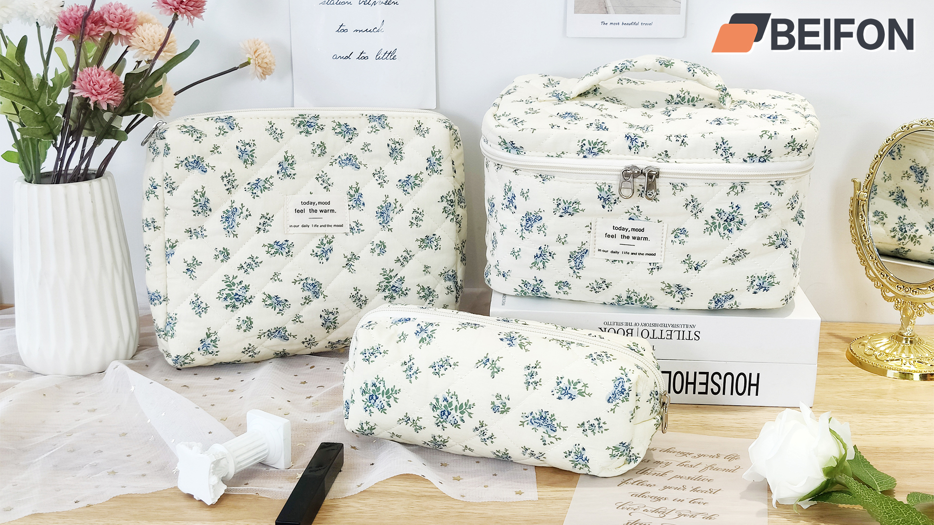 Borsa Cosmetici 3 Pezzi Floreale - Velluto, Cerniera, Per Trucco E Viaggio, Portatile E Morbida - Foto 9