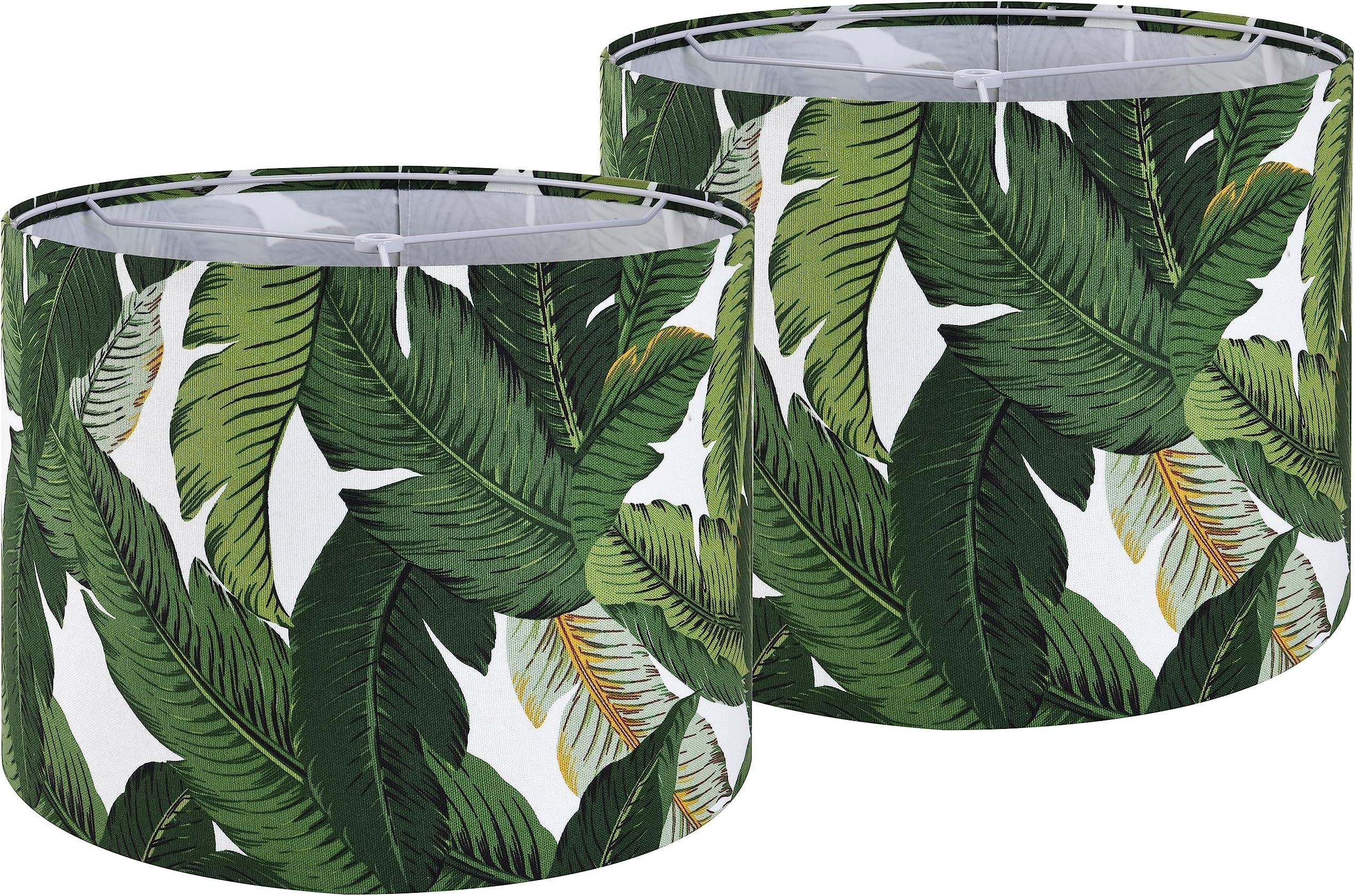 Set of 2 Tropical Lamp Shades - Natural Linen Drum Lampshades with Greenery Leaf Print - 13" x 13" x 10" - Ideal for Table & Floor Lamps - Hand Crafted - Farmhouse Decor - Assembly Required
