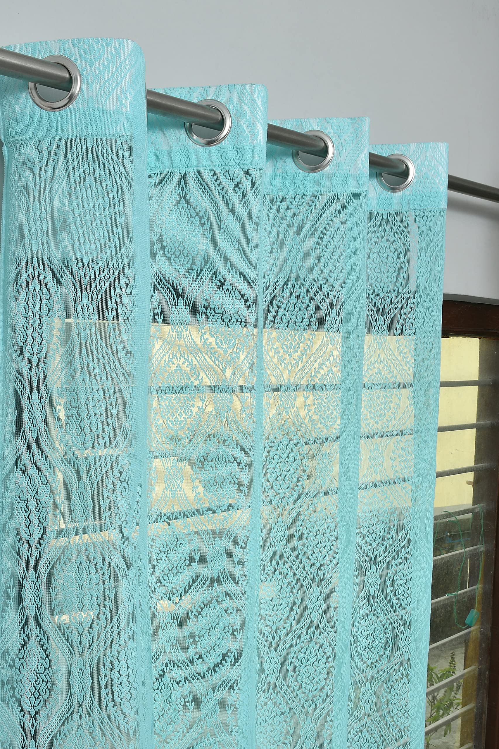 Galaxy Home Decor Premium Sheer Net Damas Design Transparent Curtains for Window 5 Feet, Pack of 2, Aqua