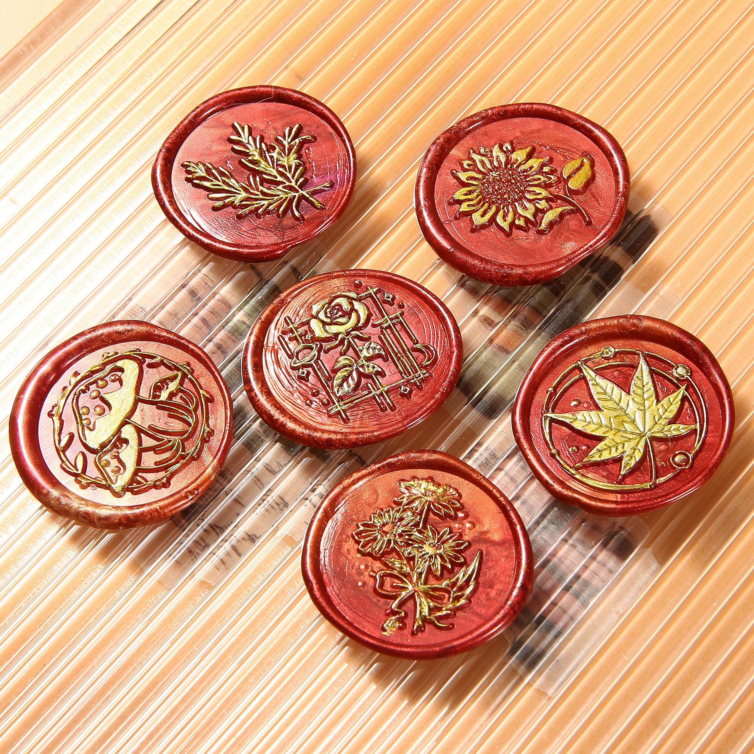 Comealltime Wax Seal Stamp Set, 6 Pieces Copper Wax Seal Stamp and Removable Wooden Handle, Sealing Wax Stamp (Rose, Wheat - Image 3