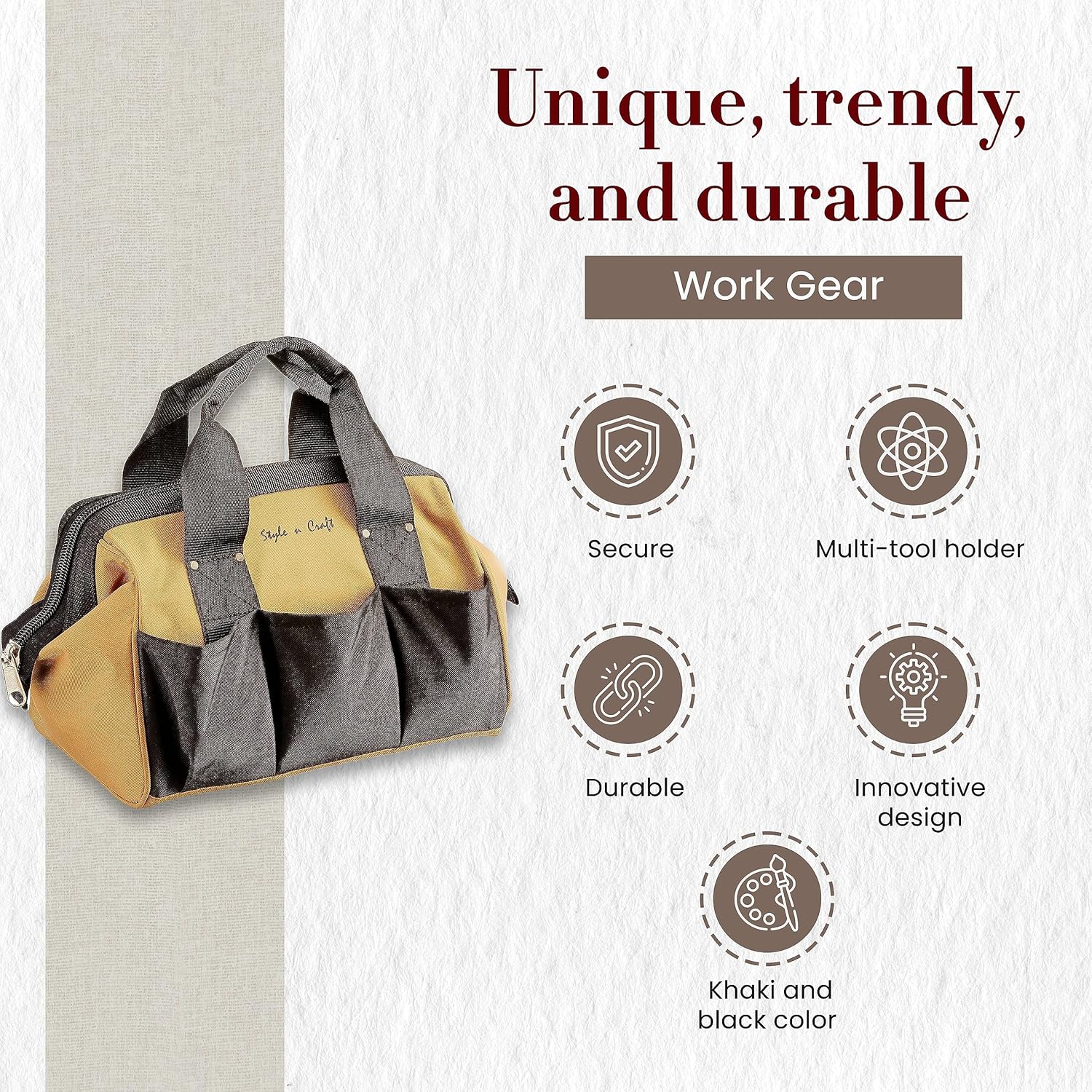 Style n Craft 23-Pocket 12" Wide Mouth Tool Bag, Heavy-Duty 600D Polyester Tool Storage Bag, Khaki and Black (76510)