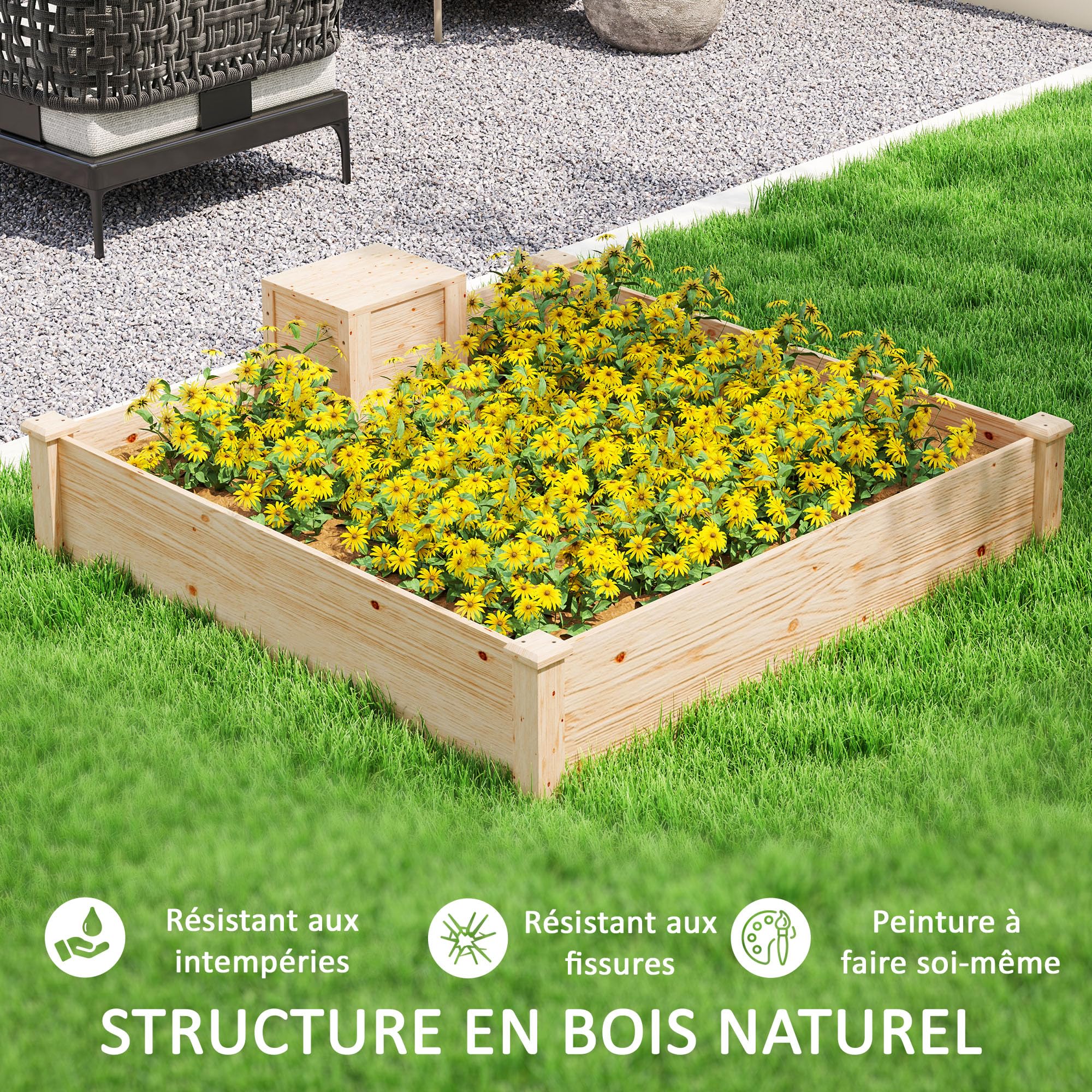 Outsunny Jardinière en Bois Carré Potager 123 x 123 x 25,5 cm Bois Naturel