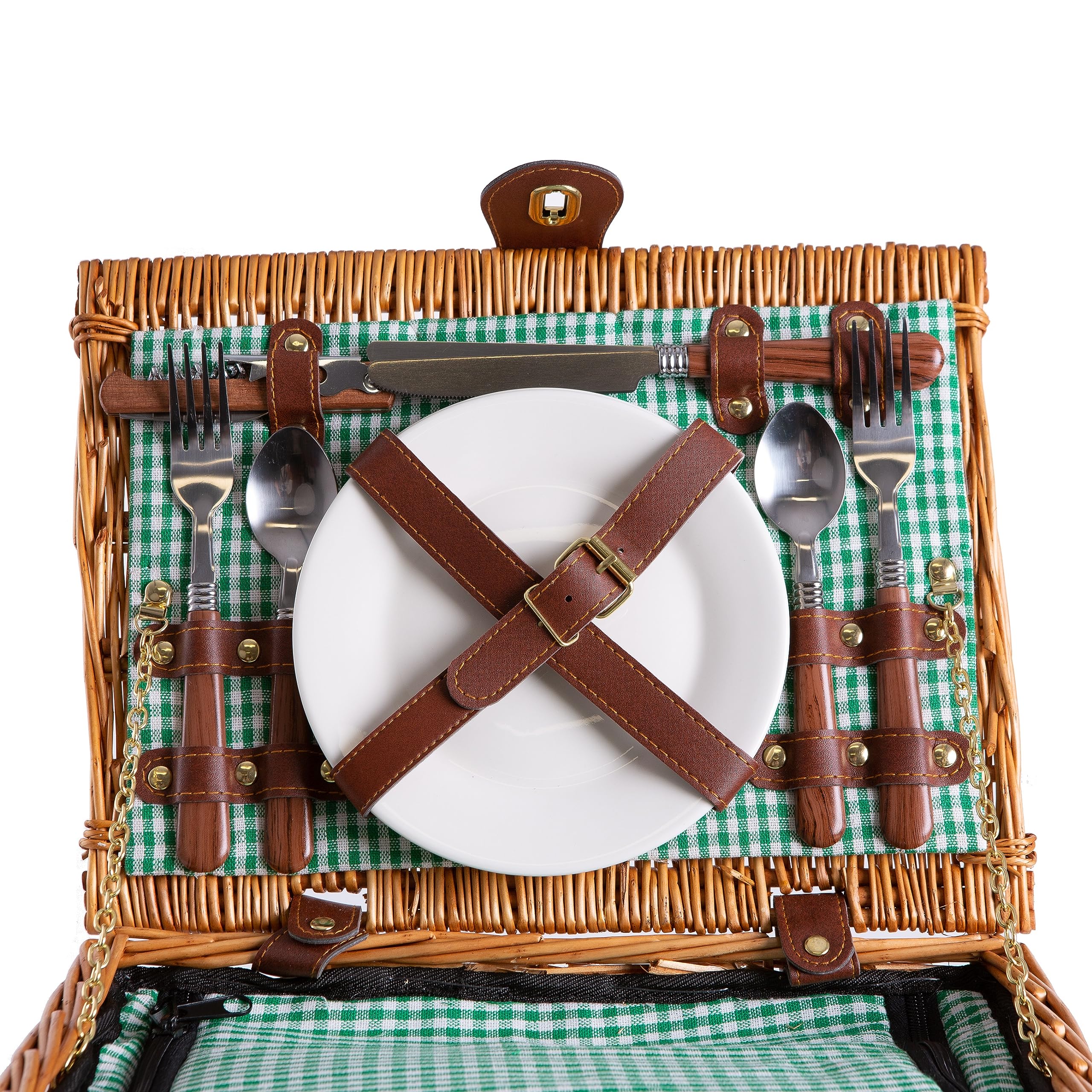 1 Panier de Pique-Nique en Osier pour 2 Personnes - Bandoulière Amovible, Compartiment Isotherme et Accessoires Inclus - Motif Vichy Vert