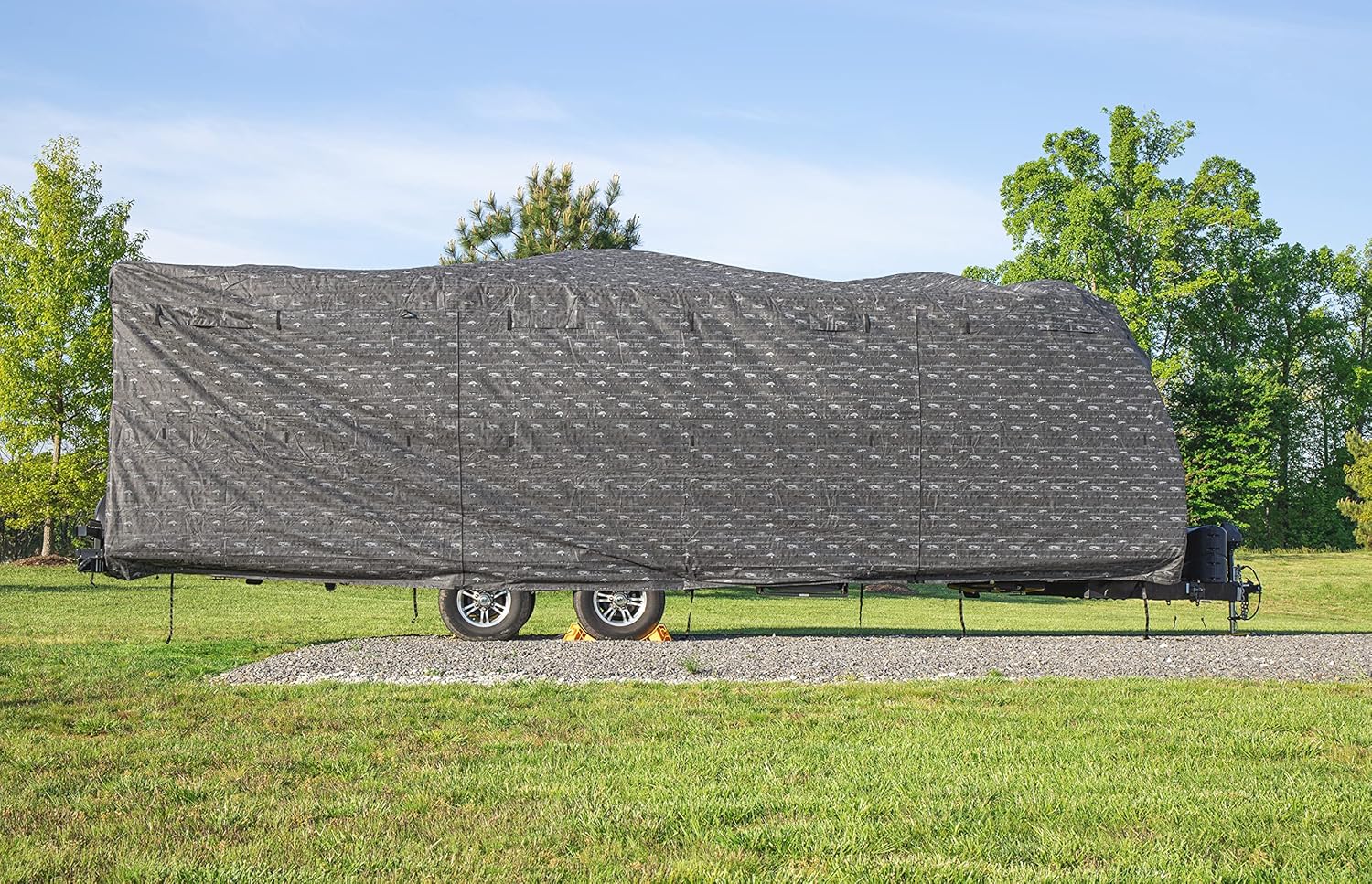 Camco Premium RV Cover Fits Travel Trailers 18 to 20-feet Extremely Durable Design That Protects Against The Elements Dark Gray with a RV Pattern Print (56378)