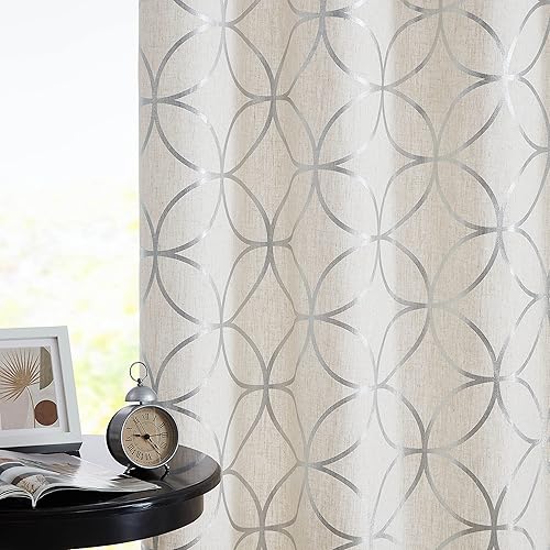 SXZJTEX Linen Window Curtains Panels Silver Foil Print Geometric Pattern