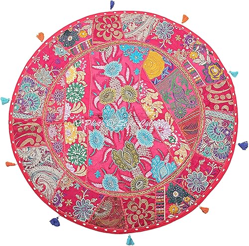 Funda de almohada de suelo étnico, estilo vintage, redonda, bohemia, color rosa oscuro, 28 x 28 pulgadas, decoración decorativa grande, asiento de