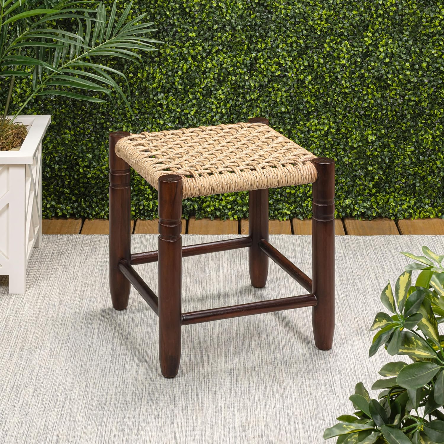 JONATHAN Y Columnar Handcrafted Teak Wood Outdoor Stool, 15.75" Height, Casual Boho Style, Synthetic Woven Rattan Seat, Weather Resistant Patio Furniture, Light Brown/Dark Brown (STL3004A)