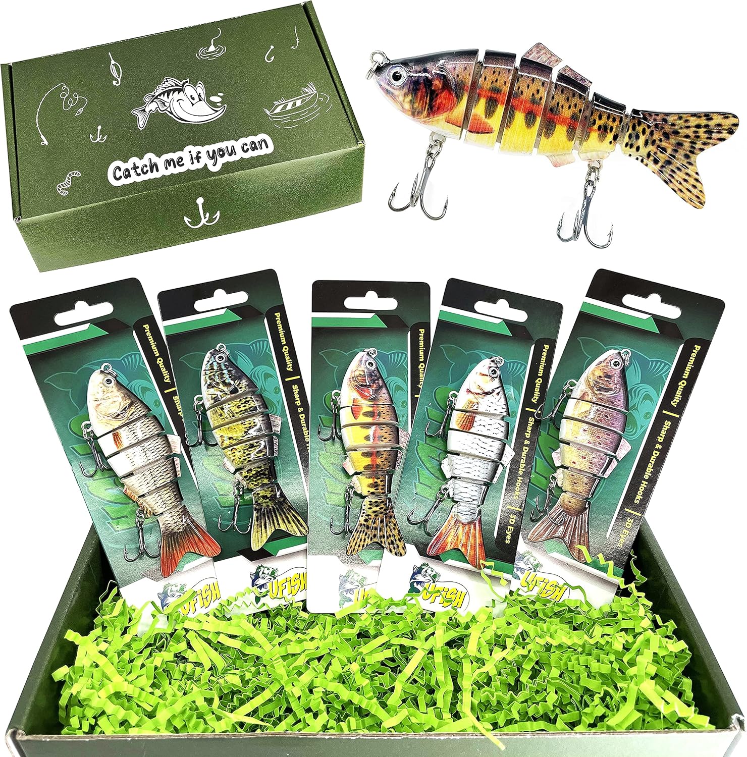 UFISH Fishing Lures Gift for Men - 3D Bass Fish Bait with 2 Treble Hooks - Freshwater & Saltwater Fishing Gear, Accessories for Trolling, Surfcasting, Kayak - Custom Gift Box for Dad - 5-Piece Set