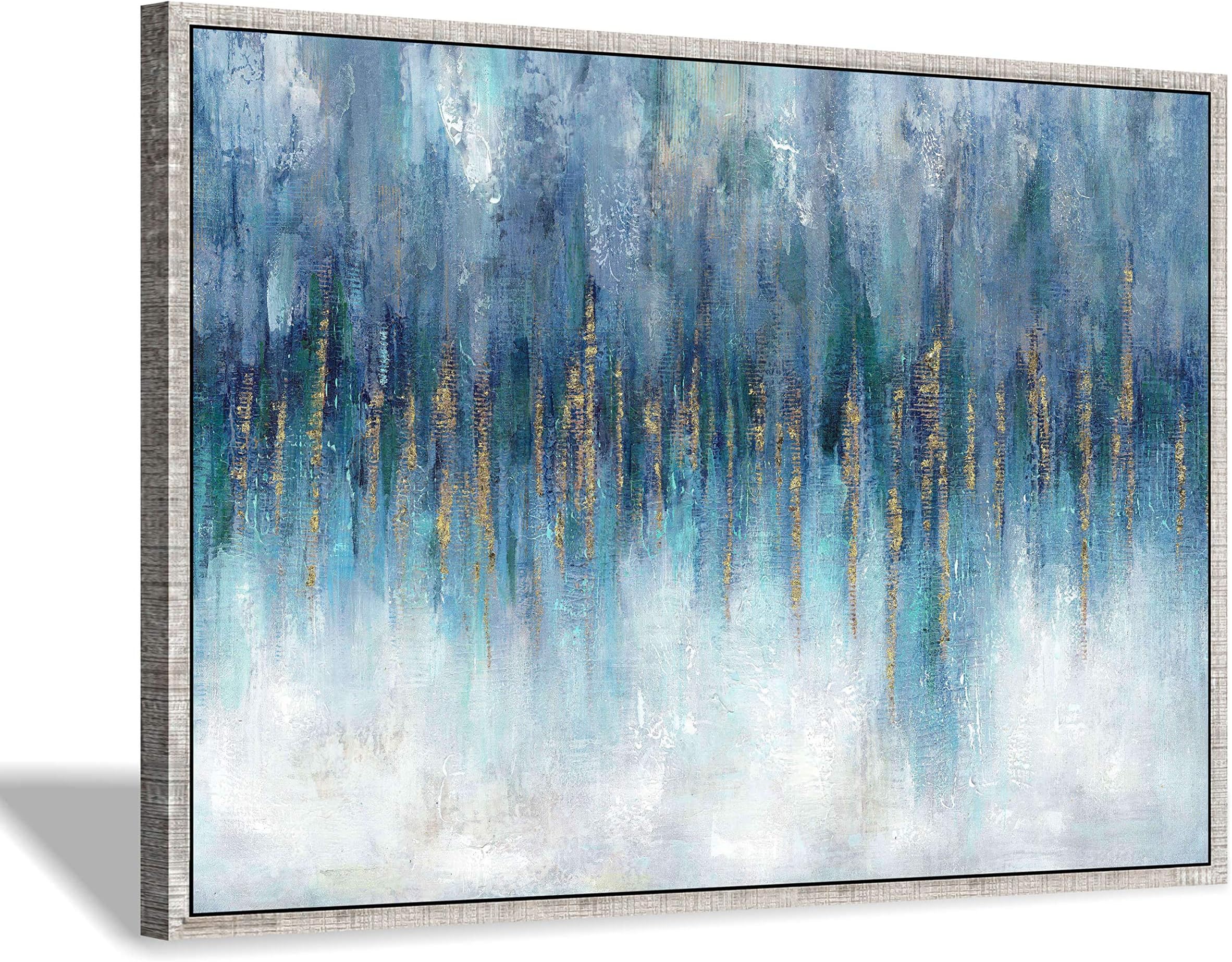 Blue Abstract Art Canvas Painting: Heavy Textured Gold Foils Wall Art Framed